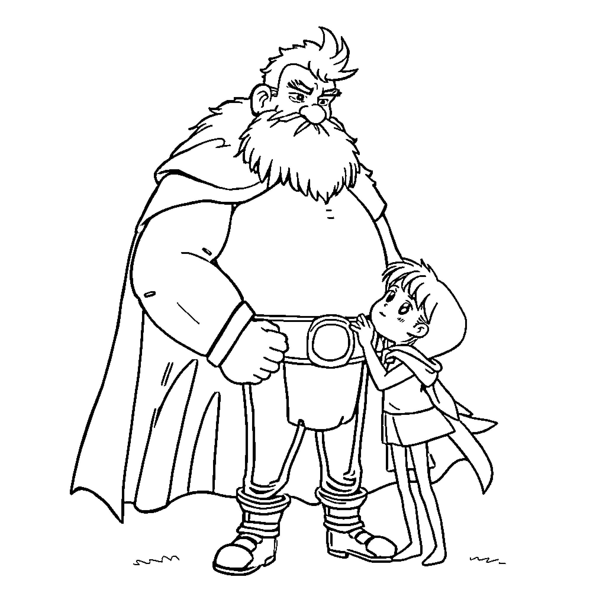 Personnage d'un homme avec son fils explorant ensemble Coloring Page (free black-and-white line drawing printable PDF for all, from beginners to advanced learners, including children, teens, adults, and seniors)