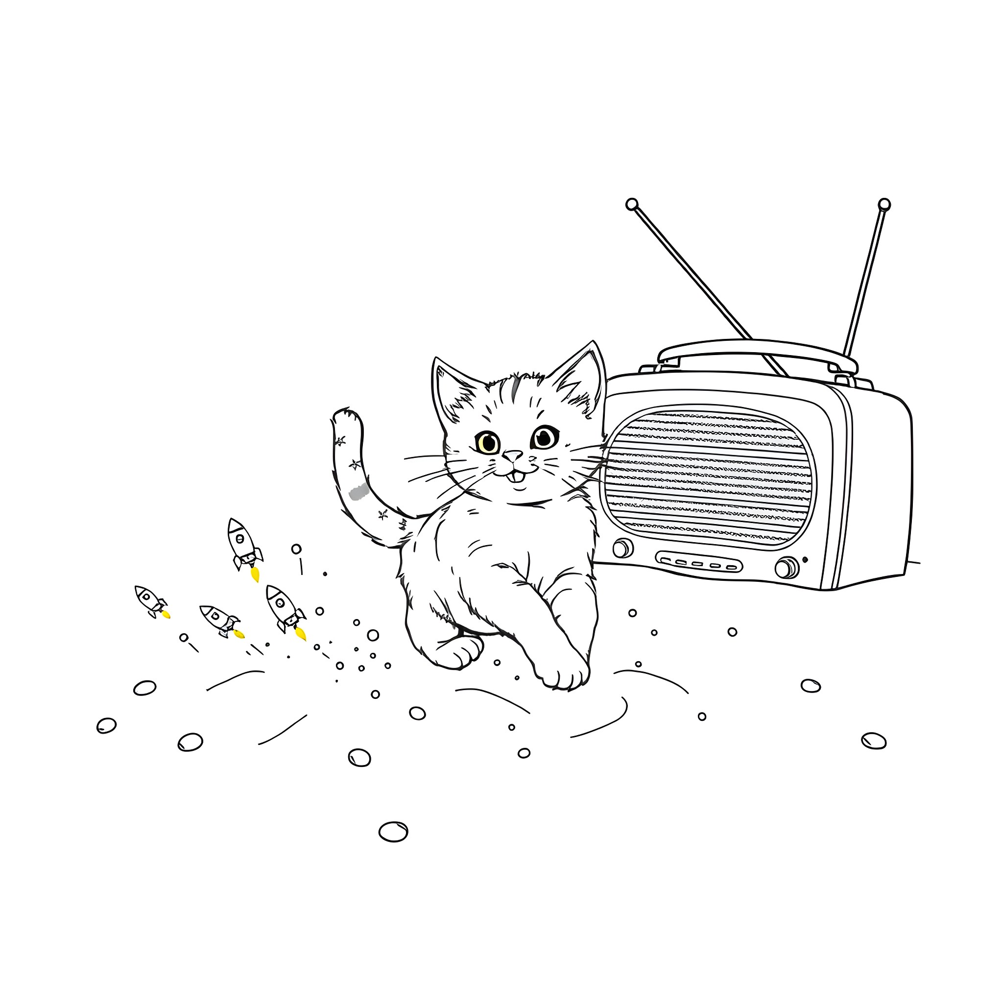Kitty playing joyfully with toys near radio Coloring Page (free black-and-white line drawing printable PDF for all, from beginners to advanced learners, including children, teens, adults, and seniors)