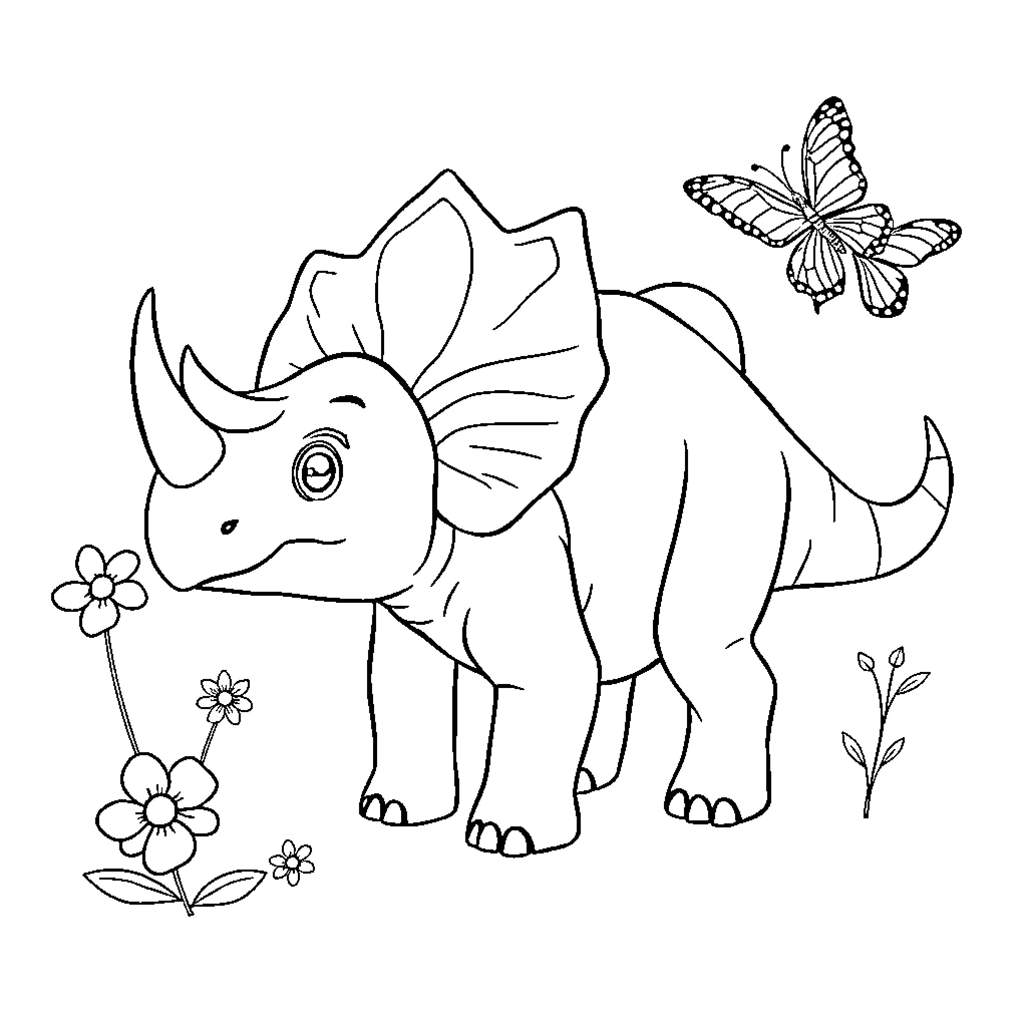 Triceratops exploring a floral landscape Coloring Page (free black-and-white line drawing printable PDF for all, from beginners to advanced learners, including children, teens, adults, and seniors)