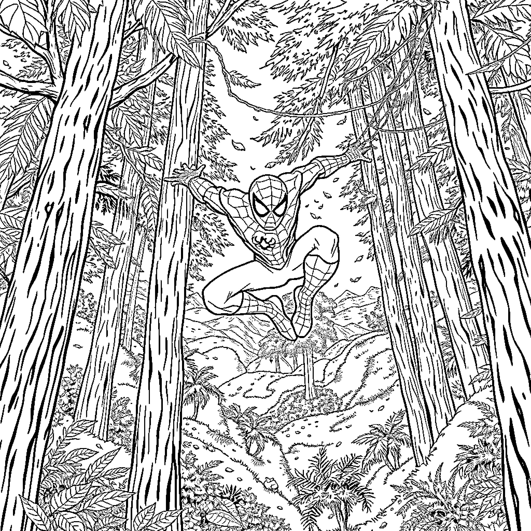 Spider-Man swinging through the forest Coloring Page (free black-and-white line drawing printable PDF for all, from beginners to advanced learners, including children, teens, adults, and seniors)