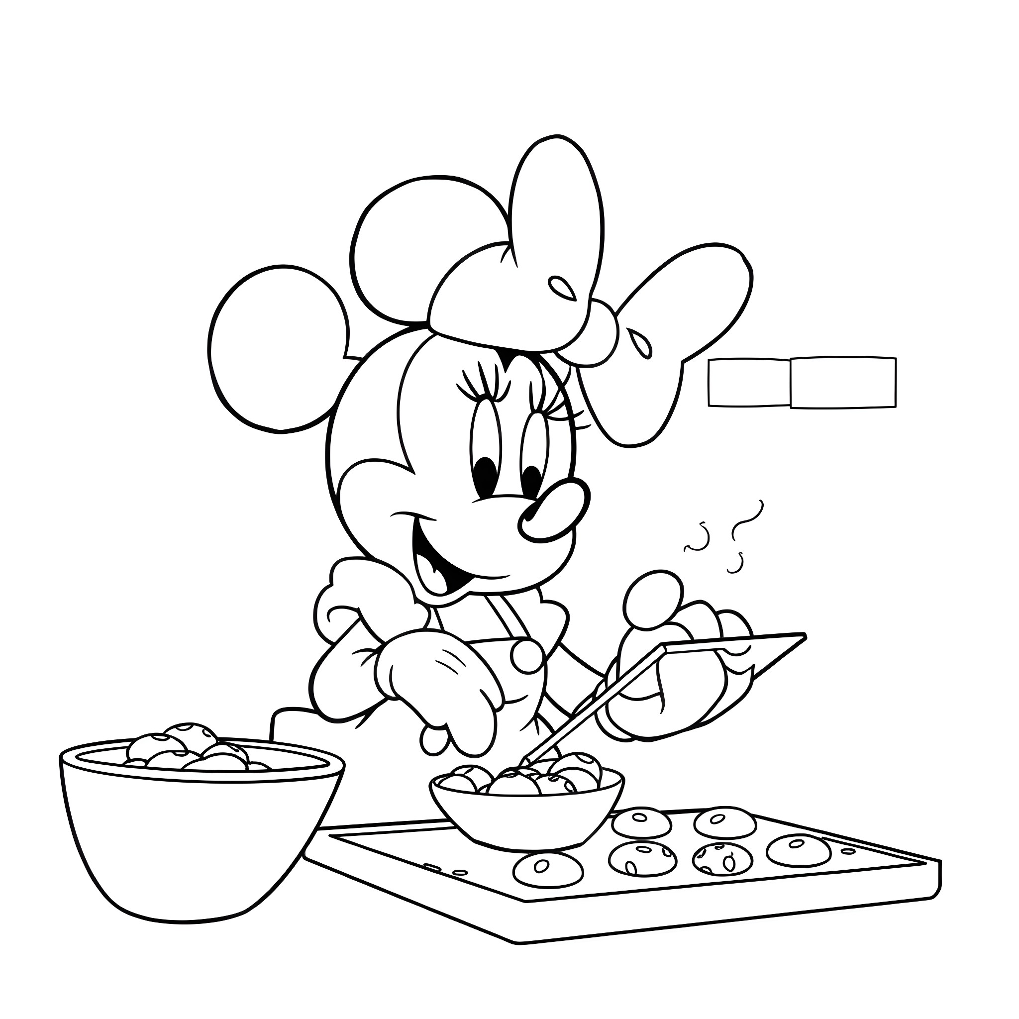 Minnie Mouse cooking in the kitchen Coloring Page (free black-and-white line drawing printable PDF for all, from beginners to advanced learners, including children, teens, adults, and seniors)
