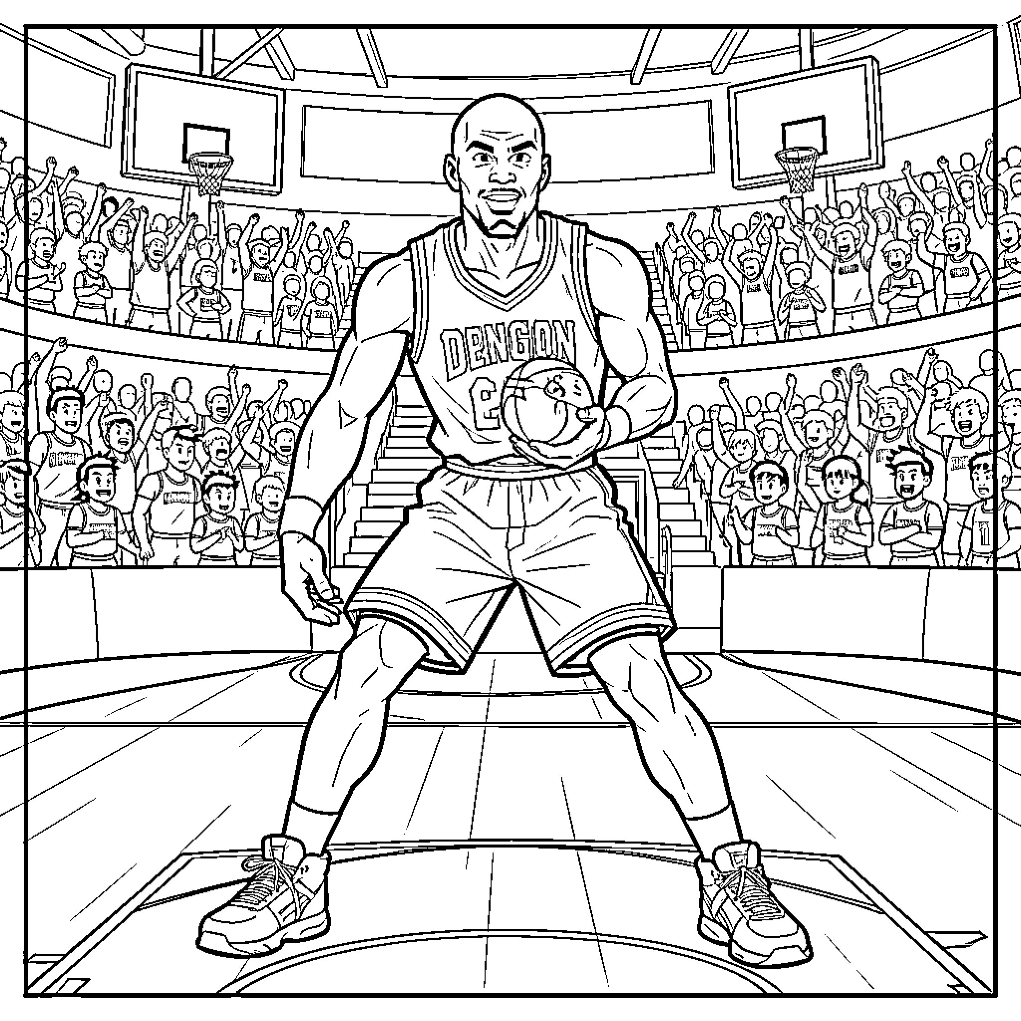Mickael Jordan holding a basketball on a court Coloring Page (free black-and-white line drawing printable PDF for all, from beginners to advanced learners, including children, teens, adults, and seniors)