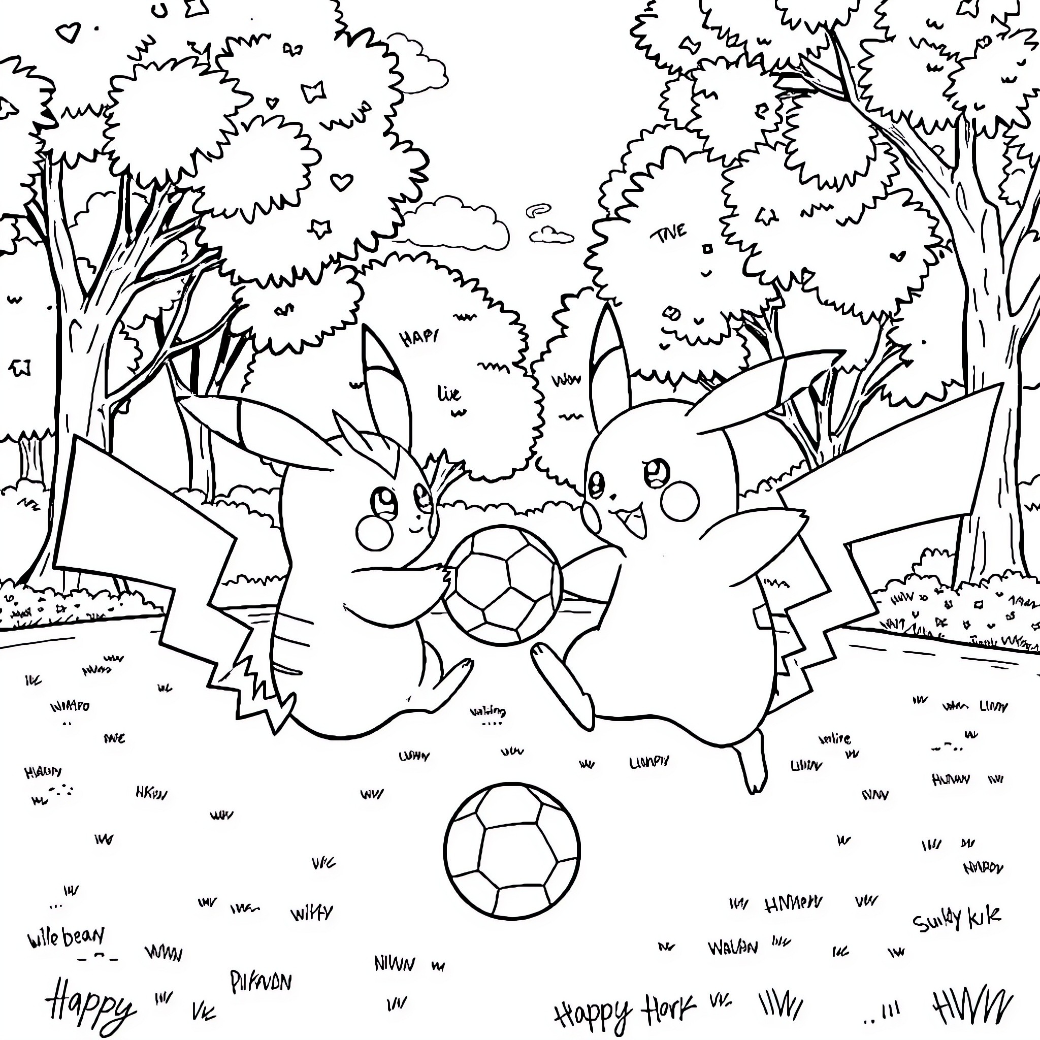 Pikachu playing soccer in the forest Coloring Page (free black-and-white line drawing printable PDF for all, from beginners to advanced learners, including children, teens, adults, and seniors)