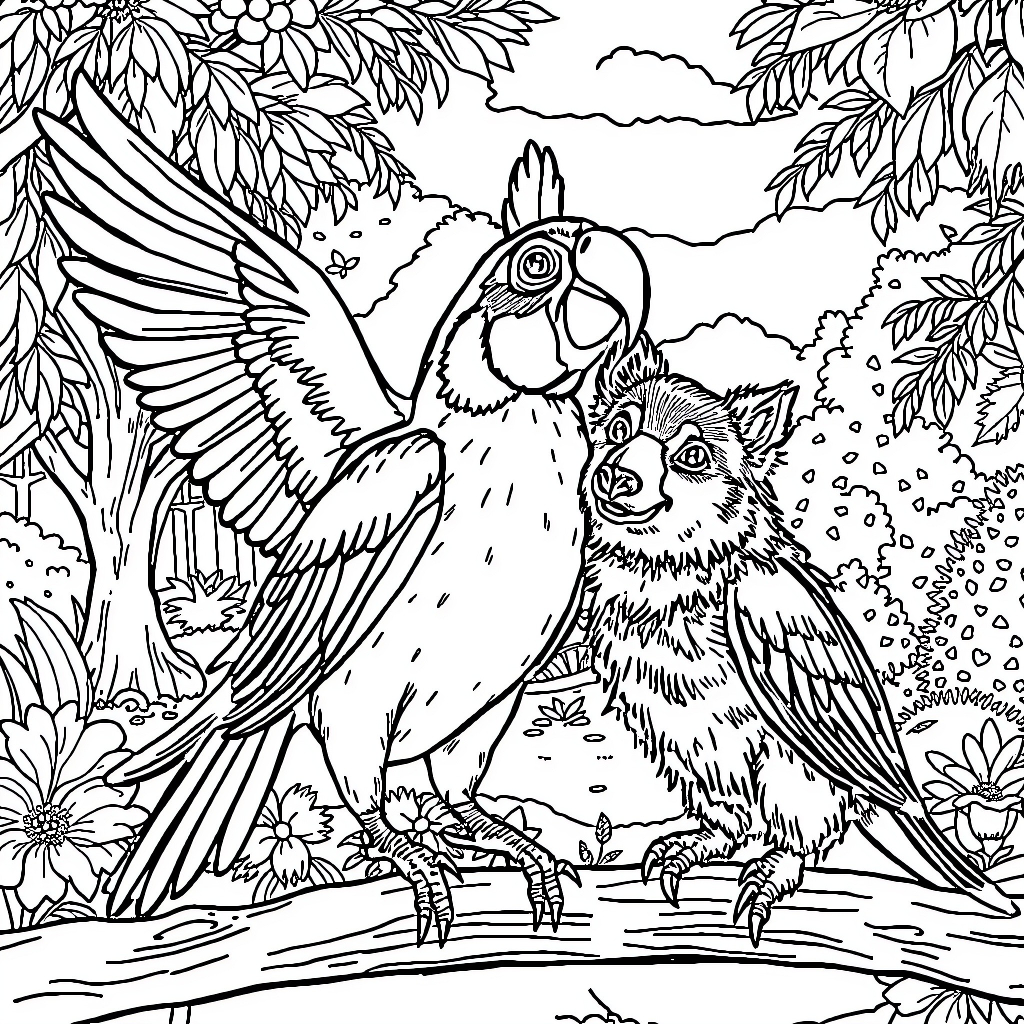 Parrot and Tropical Animal in Lush Foliage Coloring Page (free black-and-white line drawing printable PDF for all, from beginners to advanced learners, including children, teens, adults, and seniors)