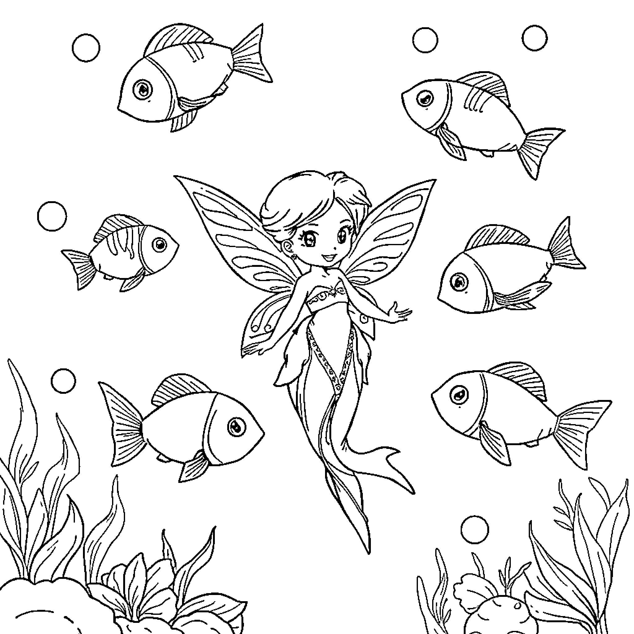 Feeactive fairy and fish in underwater scene Coloring Page (free black-and-white line drawing printable PDF for all, from beginners to advanced learners, including children, teens, adults, and seniors)