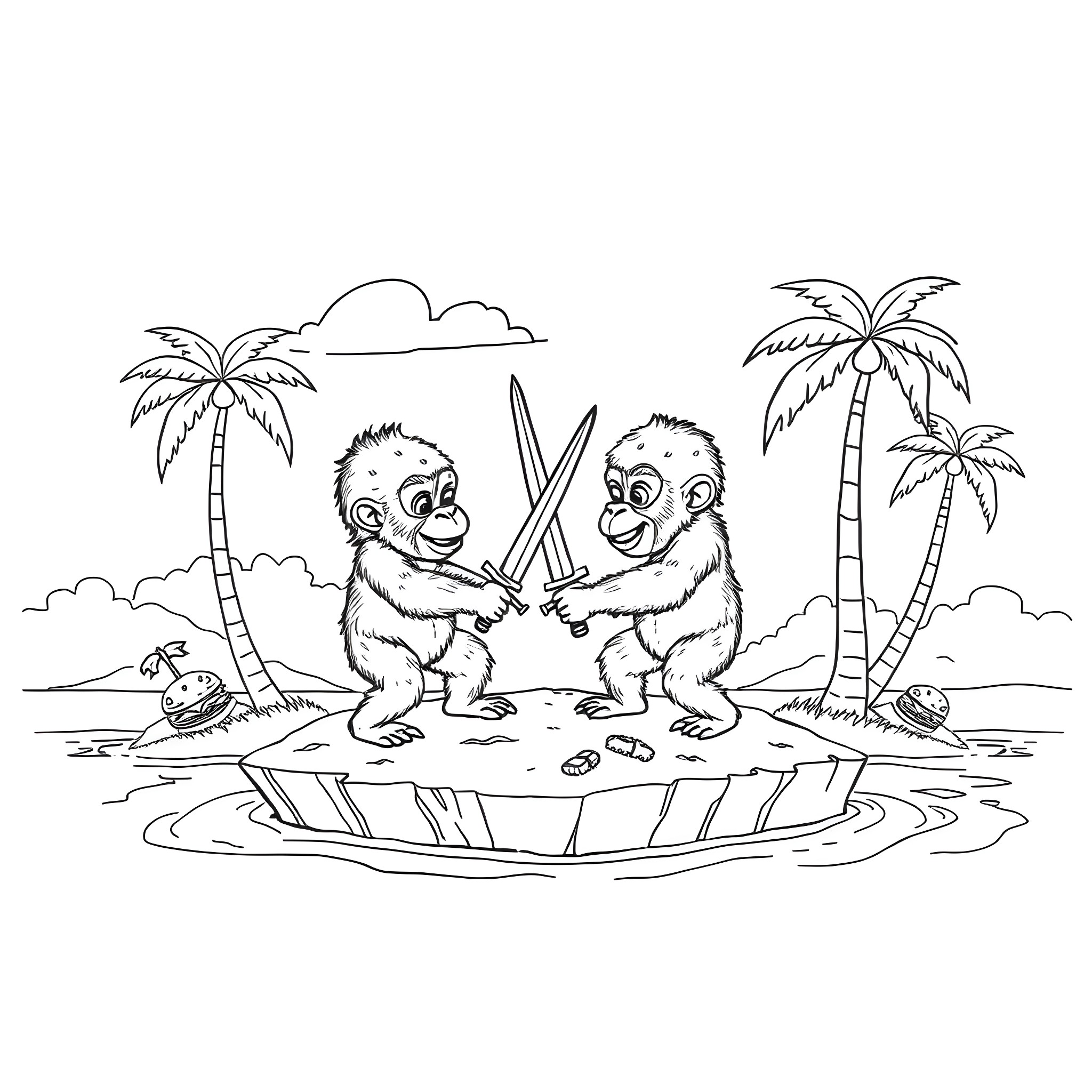 Baby Gorillas Dueling with Sticks on a Tropical Island Coloring Page (free black-and-white line drawing printable PDF for all, from beginners to advanced learners, including children, teens, adults, and seniors)