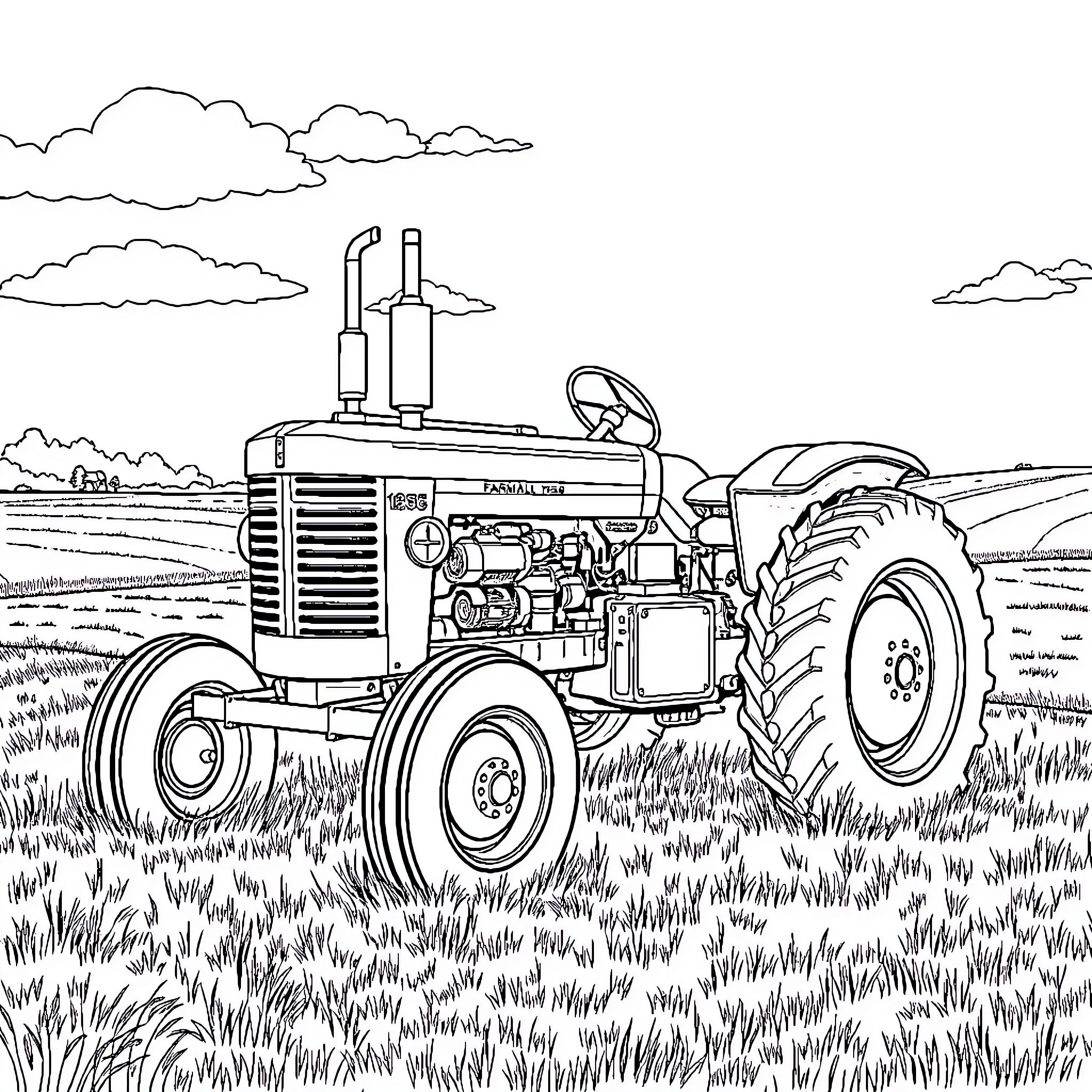 Farmall 1256 tractor plowing through a grassy field Coloring Page (free black-and-white line drawing printable PDF for all, from beginners to advanced learners, including children, teens, adults, and seniors)