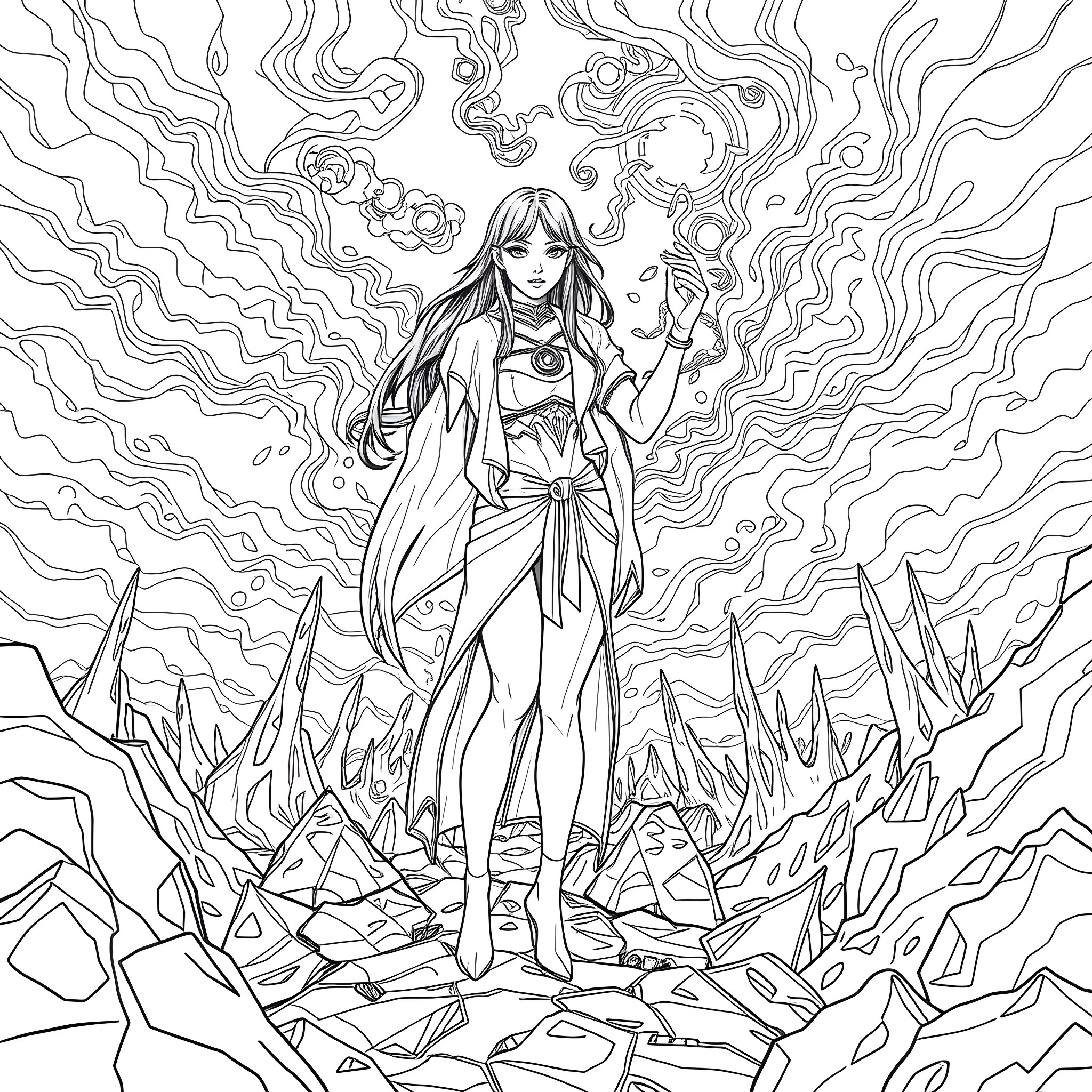 Beauty amid ethereal landscapes Coloring Page (free black-and-white line drawing printable PDF for all, from beginners to advanced learners, including children, teens, adults, and seniors)