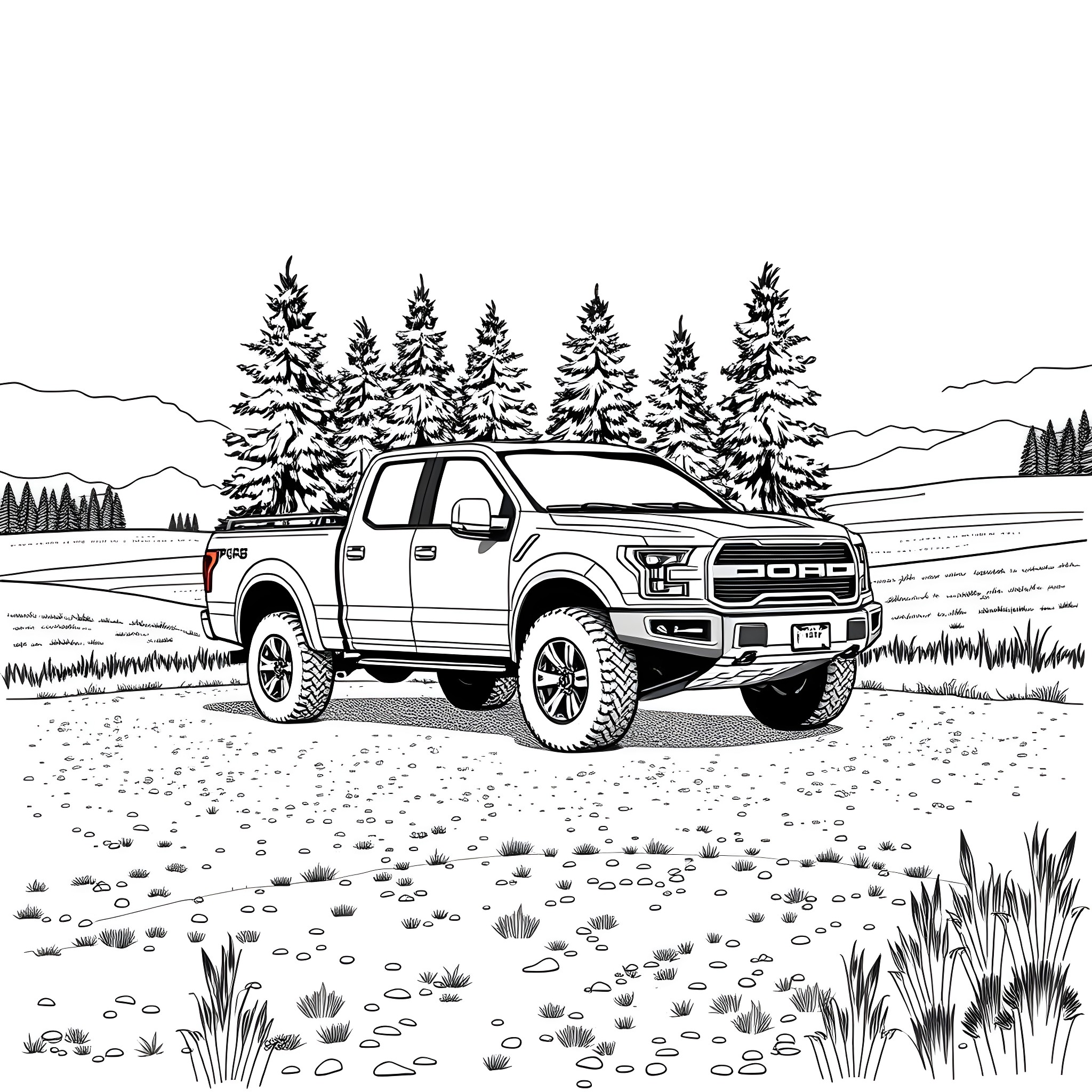 Pick Up Truck Navigating through Snowy Landscape Coloring Page (free black-and-white line drawing printable PDF for all, from beginners to advanced learners, including children, teens, adults, and seniors)