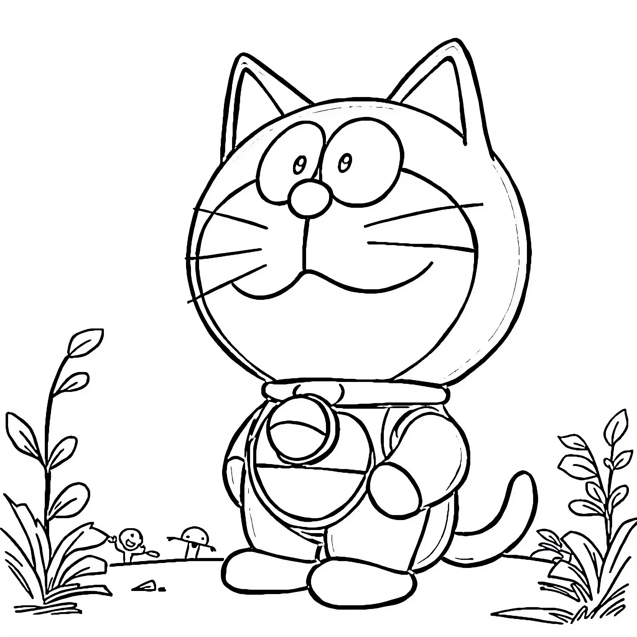 Doraemon sitting happily in the nature Coloring Page (free black-and-white line drawing printable PDF for all, from beginners to advanced learners, including children, teens, adults, and seniors)