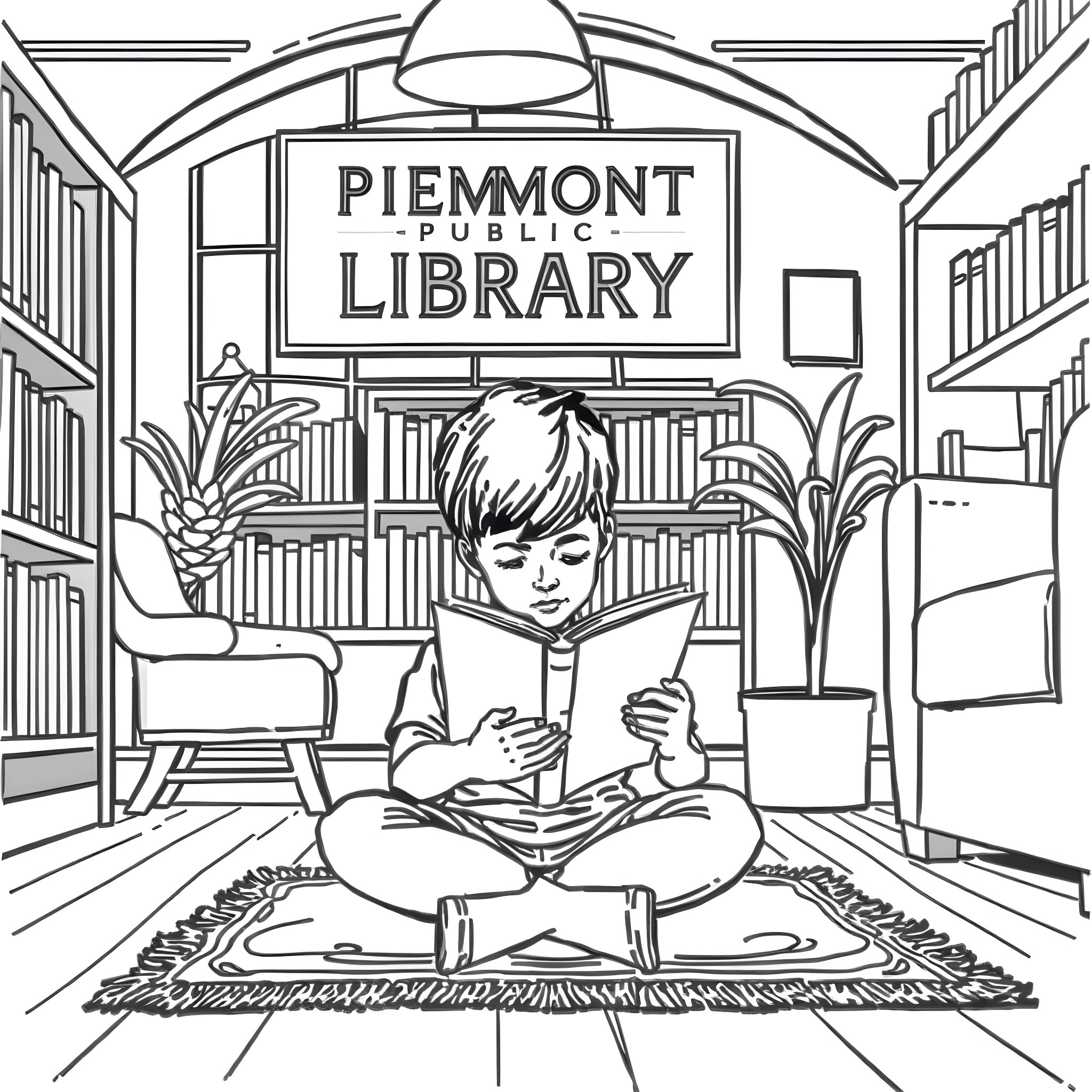 Boy reading in the Piemont public library Coloring Page (free black-and-white line drawing printable PDF for all, from beginners to advanced learners, including children, teens, adults, and seniors)