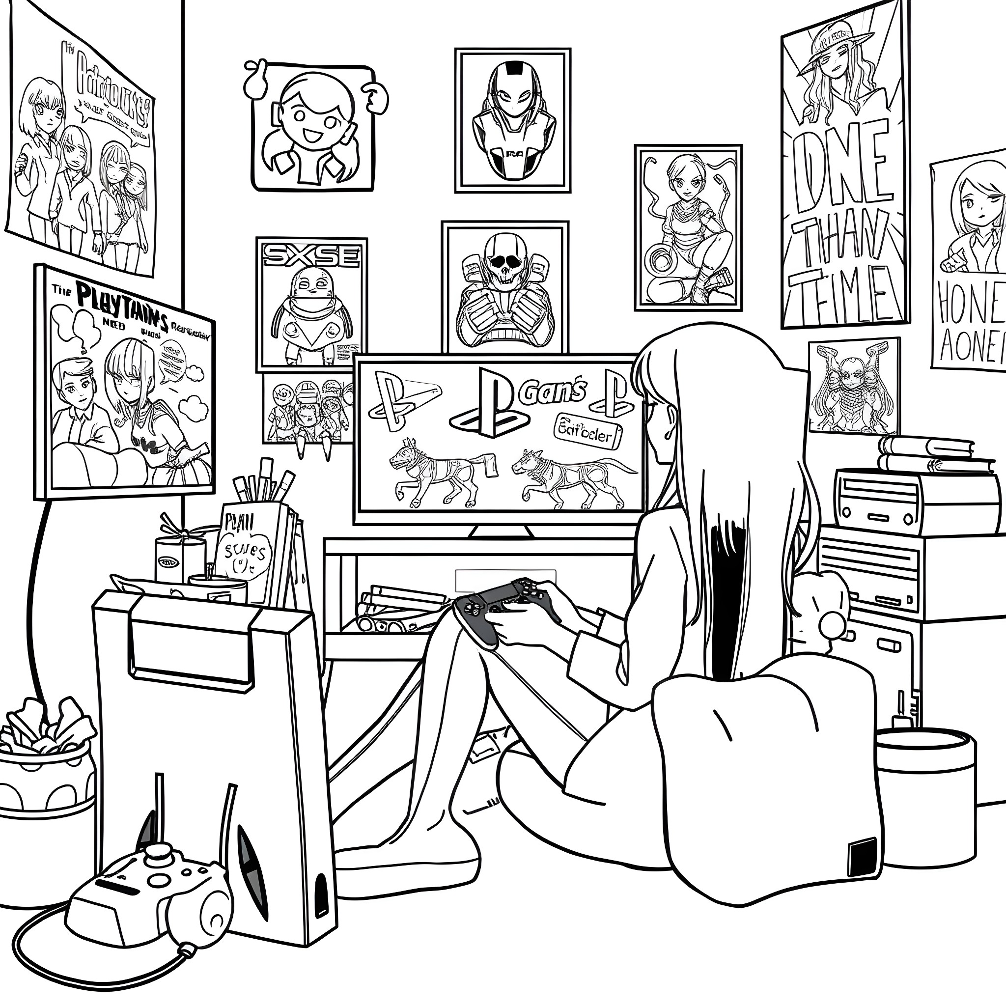 Frieren: Character portraits and video game memorabilia in a cozy room Coloring Page (free black-and-white line drawing printable PDF for all, from beginners to advanced learners, including children, teens, adults, and seniors)