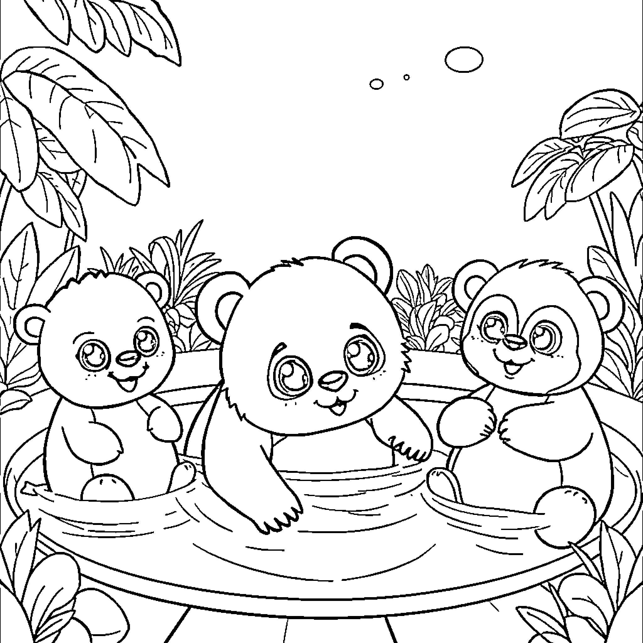 Teddy Bears Relaxing in Tropical Setting Coloring Page (free black-and-white line drawing printable PDF for all, from beginners to advanced learners, including children, teens, adults, and seniors)