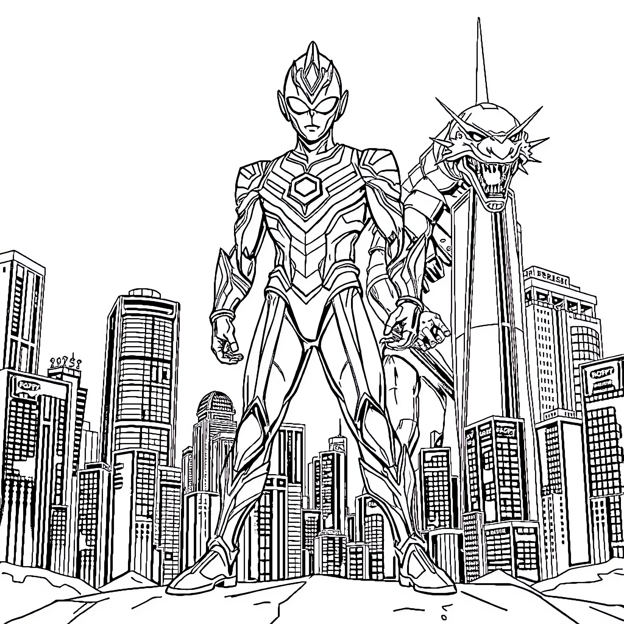 Ultraman heroically facing off against a giant monster in the city Coloring Page (free black-and-white line drawing printable PDF for all, from beginners to advanced learners, including children, teens, adults, and seniors)