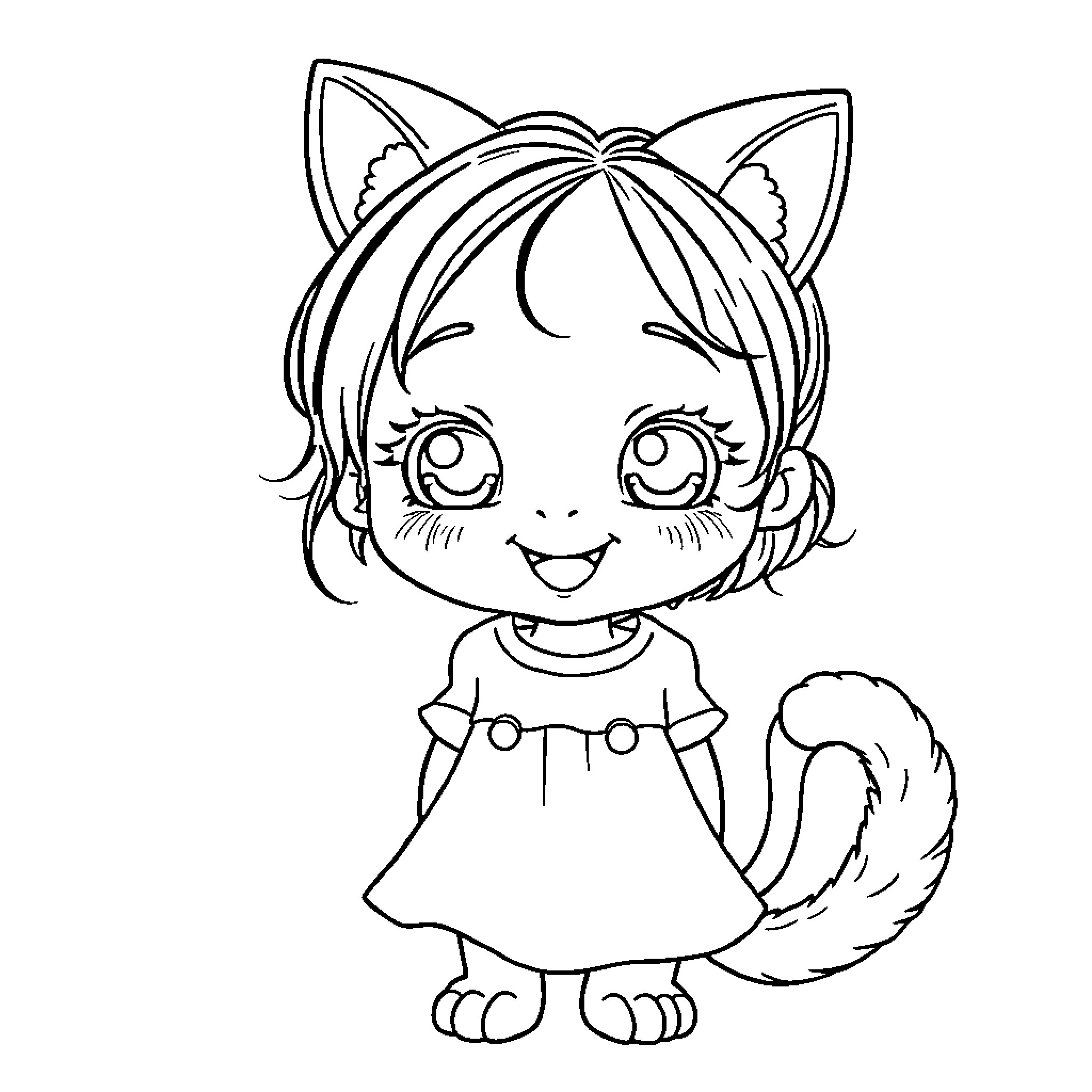 Cat Girl wearing dress and smiling happily Coloring Page (free black-and-white line drawing printable PDF for all, from beginners to advanced learners, including children, teens, adults, and seniors)