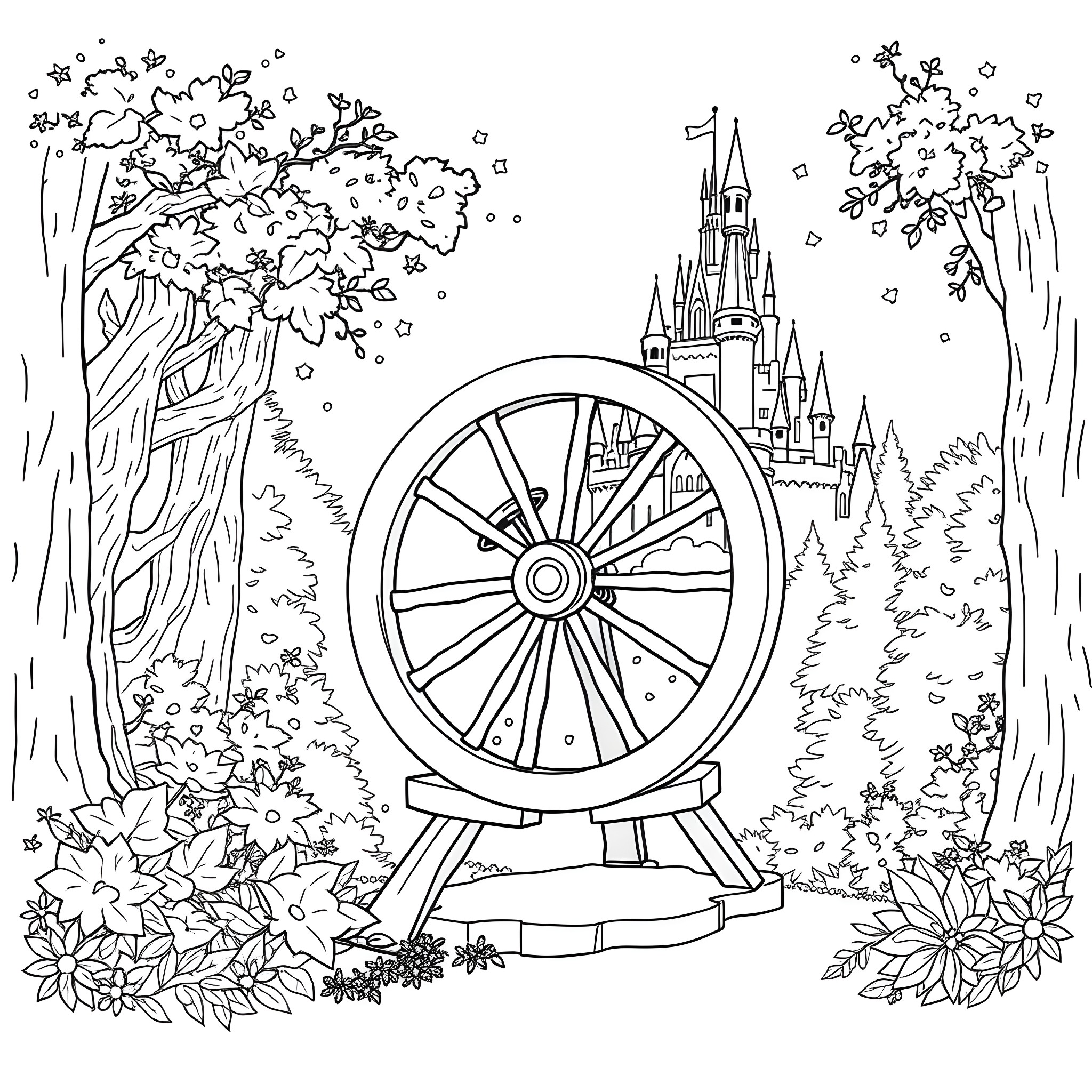 Sleeping Beauty's Enchanted Wheel and Castle in the Forest Coloring Page (free black-and-white line drawing printable PDF for all, from beginners to advanced learners, including children, teens, adults, and seniors)