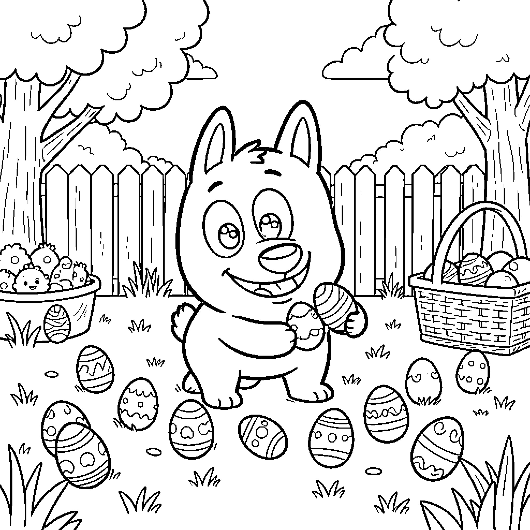 Bluey's Exciting Easter Egg Hunt Coloring Page (free black-and-white line drawing printable PDF for all, from beginners to advanced learners, including children, teens, adults, and seniors)