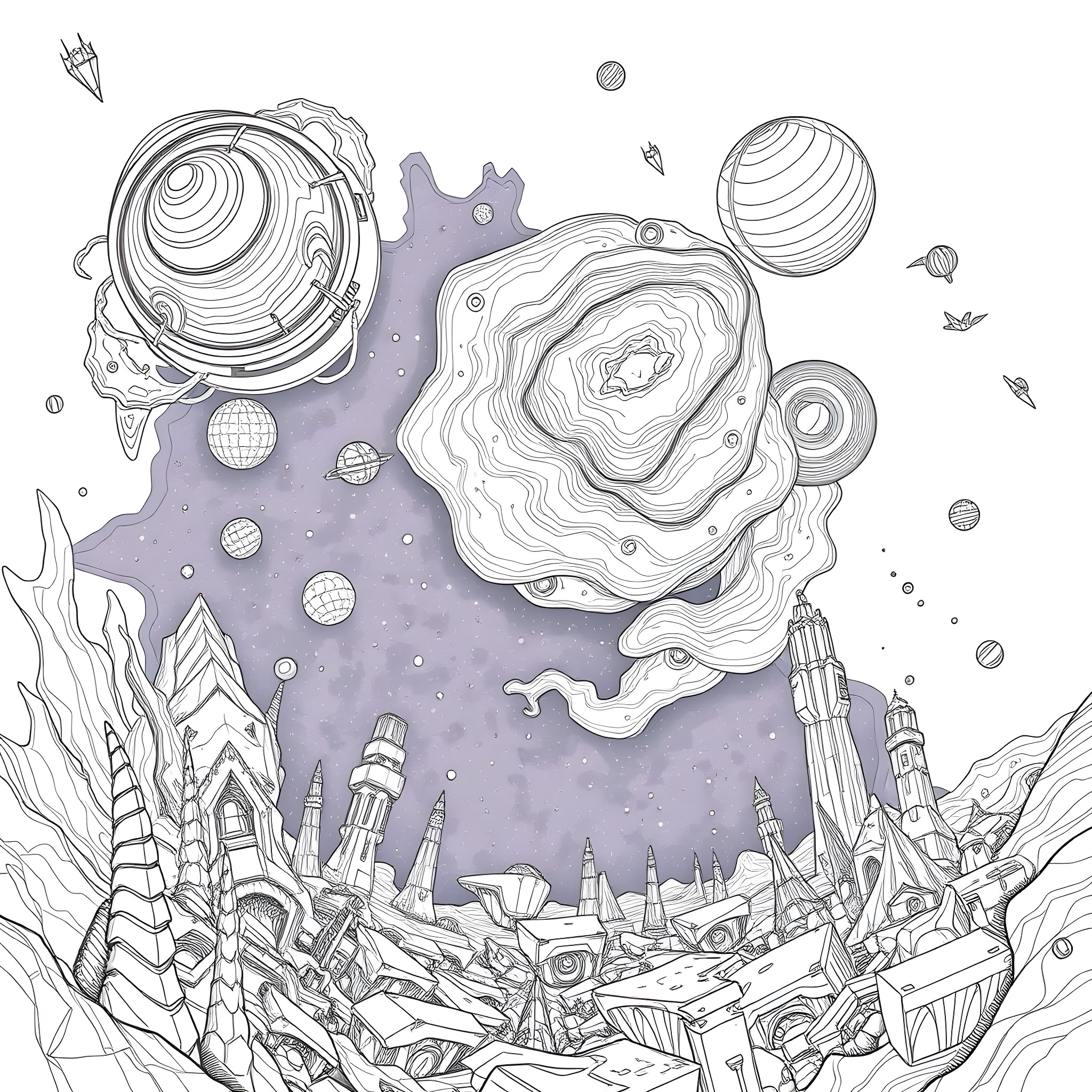 Space Exploration in a Surreal Landscape Coloring Page (free black-and-white line drawing printable PDF for all, from beginners to advanced learners, including children, teens, adults, and seniors)