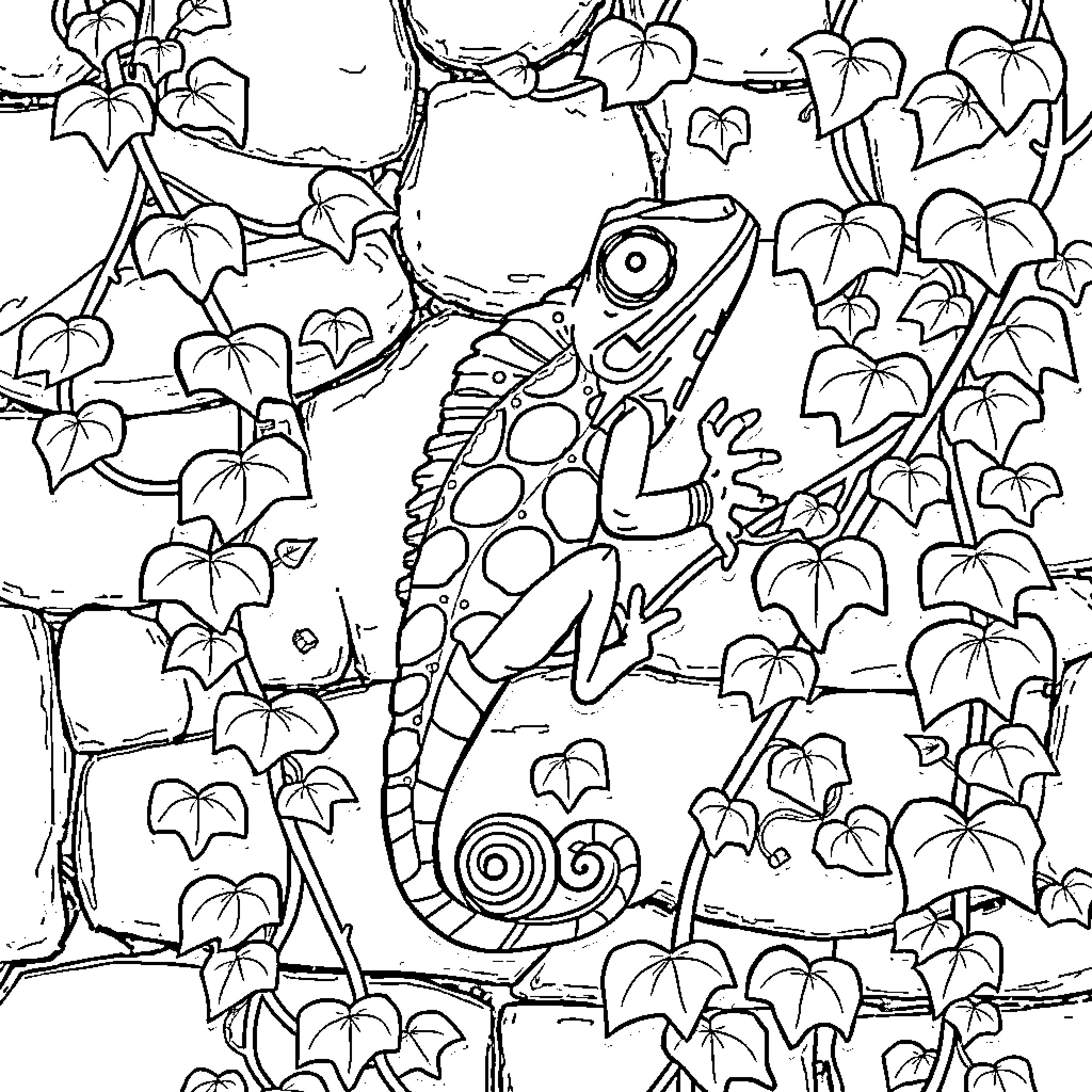Pascal's Whimsical Jungle Adventure Coloring Page (free black-and-white line drawing printable PDF for all, from beginners to advanced learners, including children, teens, adults, and seniors)