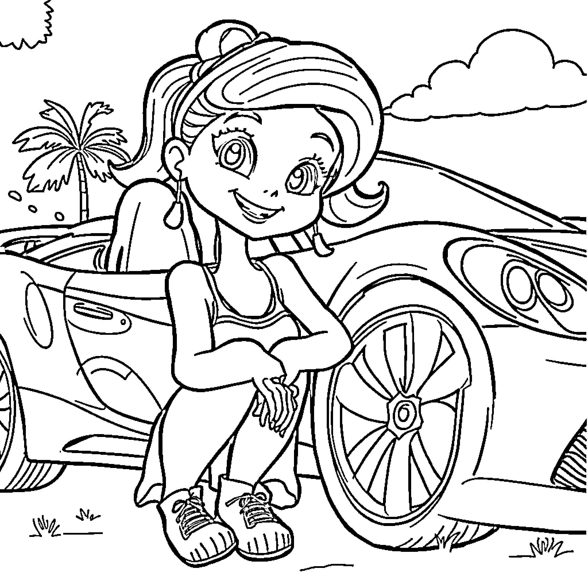 Gabby enjoys a sunny day by the car Coloring Page (free black-and-white line drawing printable PDF for all, from beginners to advanced learners, including children, teens, adults, and seniors)