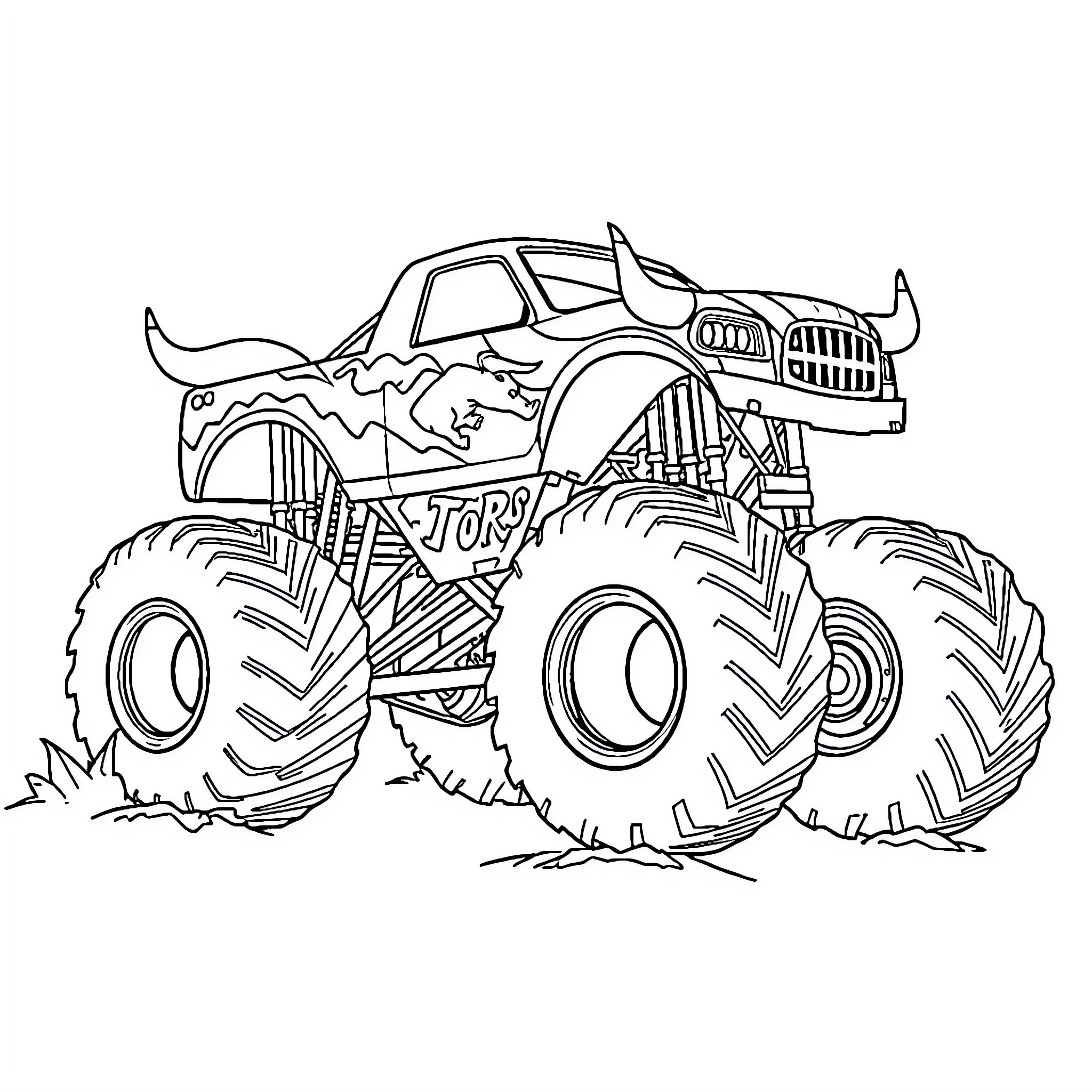 Toro Monster Truck Crushing Obstacles Coloring Page (free black-and-white line drawing printable PDF for all, from beginners to advanced learners, including children, teens, adults, and seniors)
