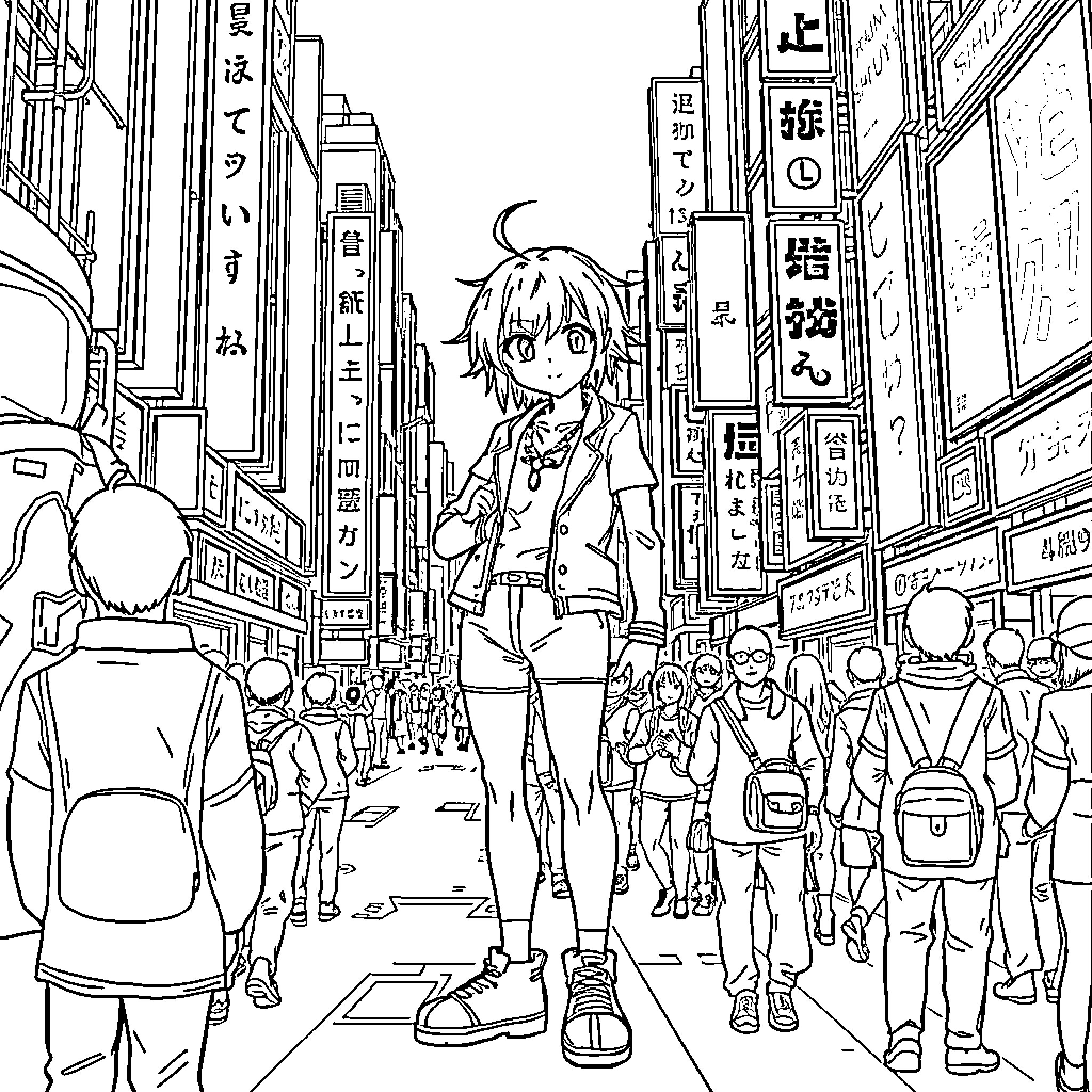 Sukuna's Journey Through the Vibrant City Streets Coloring Page (free black-and-white line drawing printable PDF for all, from beginners to advanced learners, including children, teens, adults, and seniors)