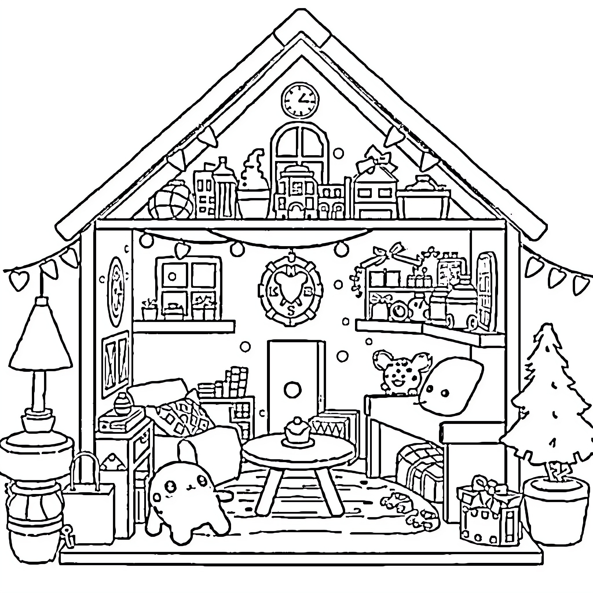 Dollhouse filled with cozy holiday scenes and decor Coloring Page (free black-and-white line drawing printable PDF for all, from beginners to advanced learners, including children, teens, adults, and seniors)