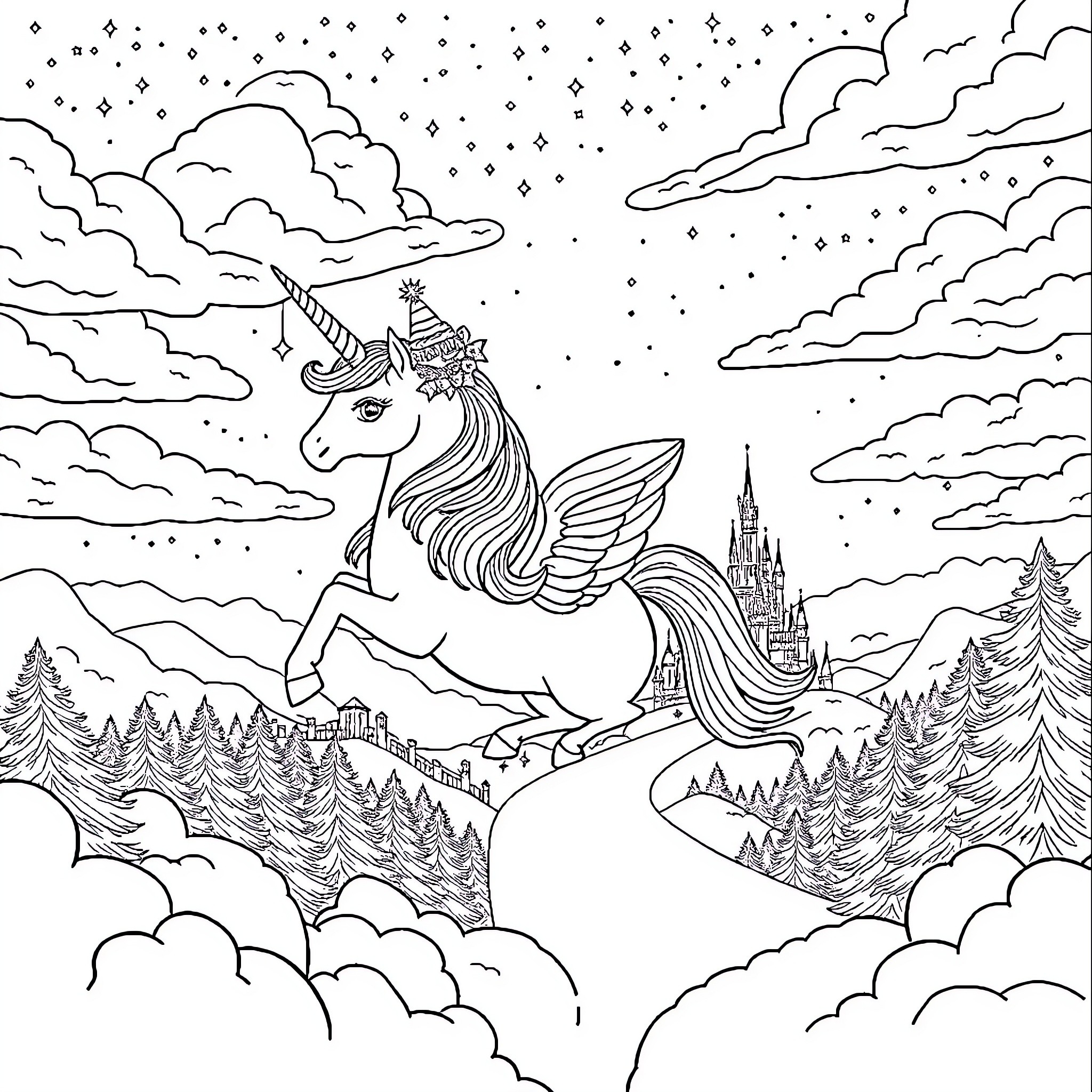 Alicorn soaring through a magical winter landscape Coloring Page (free black-and-white line drawing printable PDF for all, from beginners to advanced learners, including children, teens, adults, and seniors)
