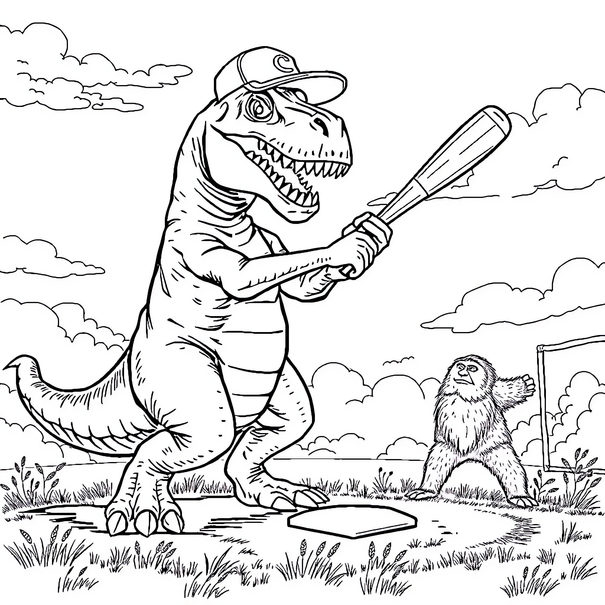 T-Rex Playing Baseball with Monkey Companion Coloring Page (free black-and-white line drawing printable PDF for all, from beginners to advanced learners, including children, teens, adults, and seniors)