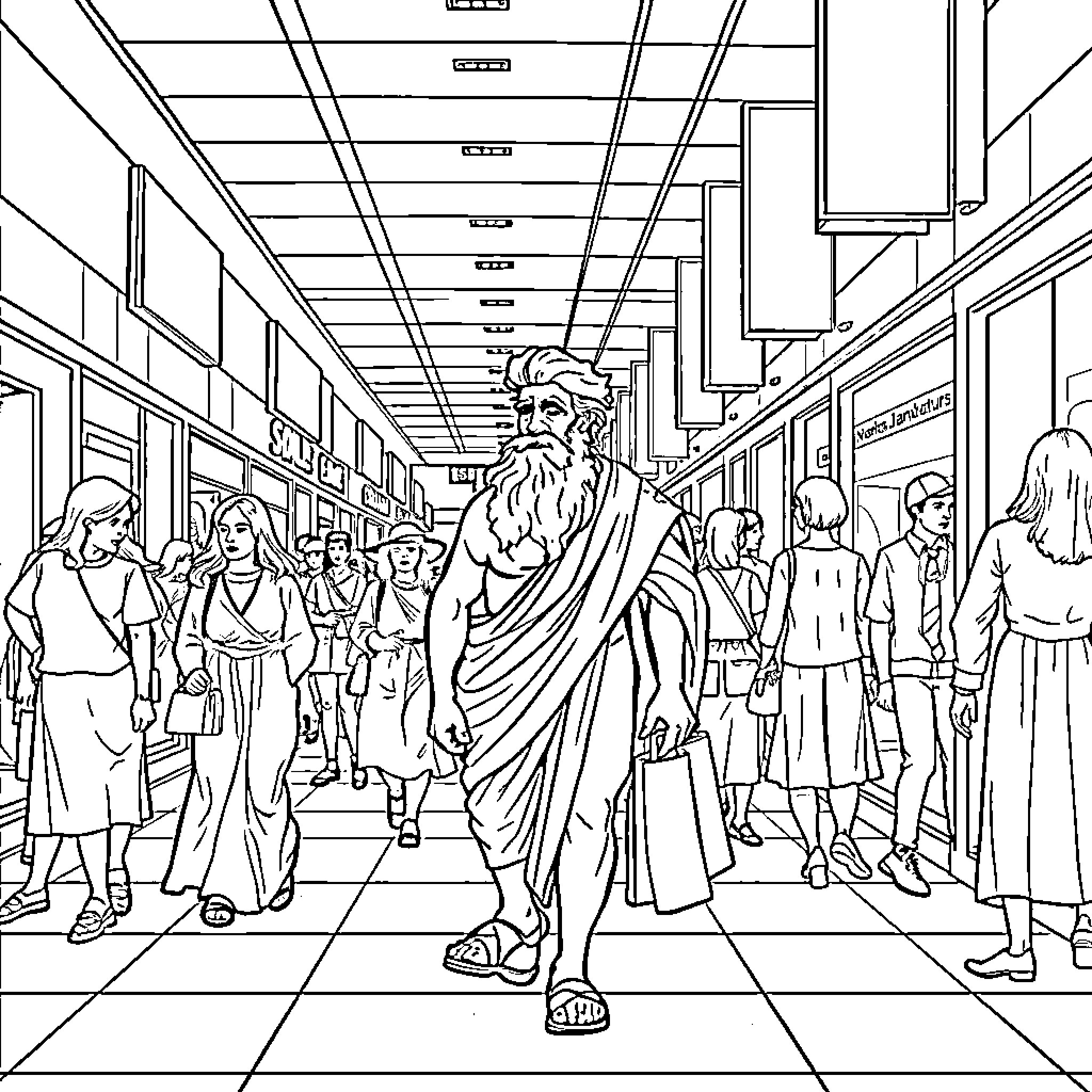 Sokrates Walks Among the People in a Crowded Hall Coloring Page (free black-and-white line drawing printable PDF for all, from beginners to advanced learners, including children, teens, adults, and seniors)