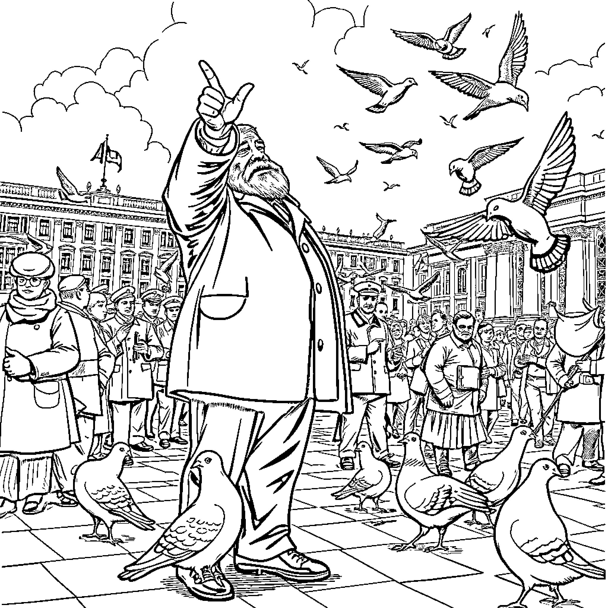 Lenin leading a crowd in a historic scene Coloring Page (free black-and-white line drawing printable PDF for all, from beginners to advanced learners, including children, teens, adults, and seniors)