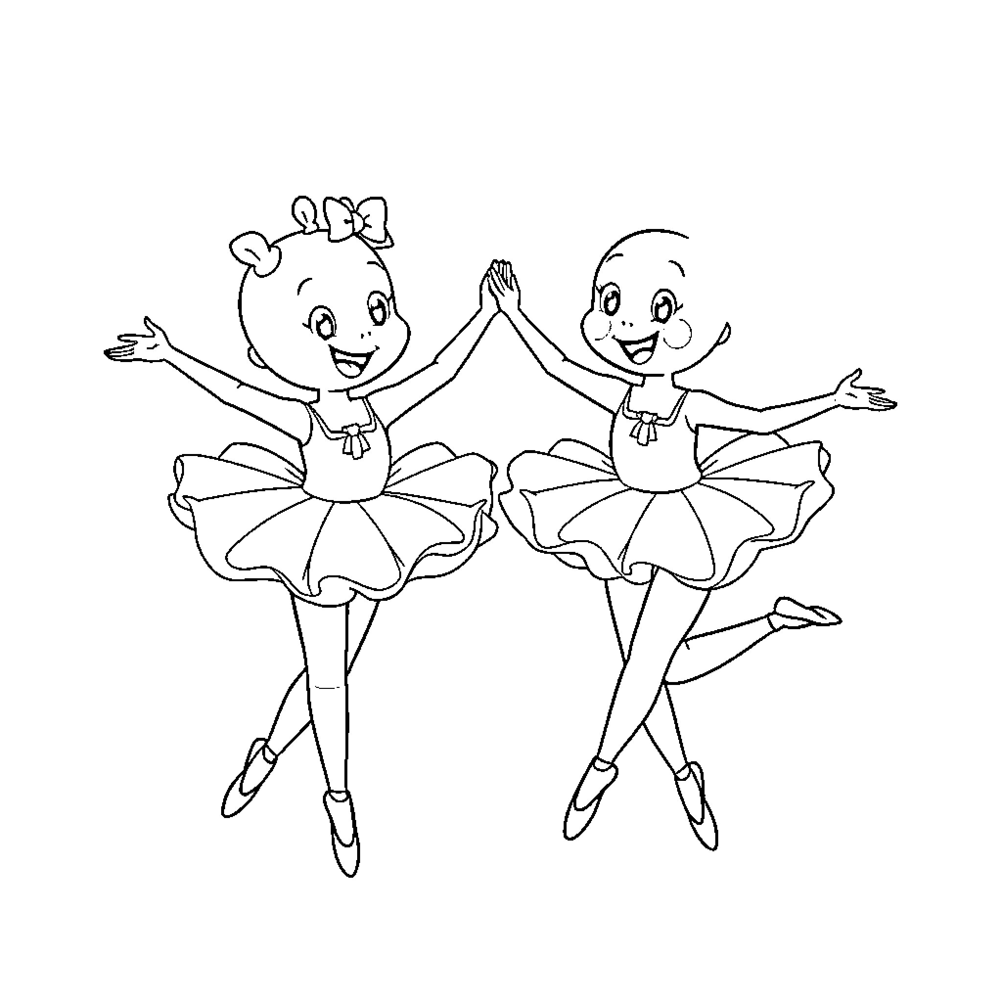 Bluey and friend dancing together happily Coloring Page (free black-and-white line drawing printable PDF for all, from beginners to advanced learners, including children, teens, adults, and seniors)
