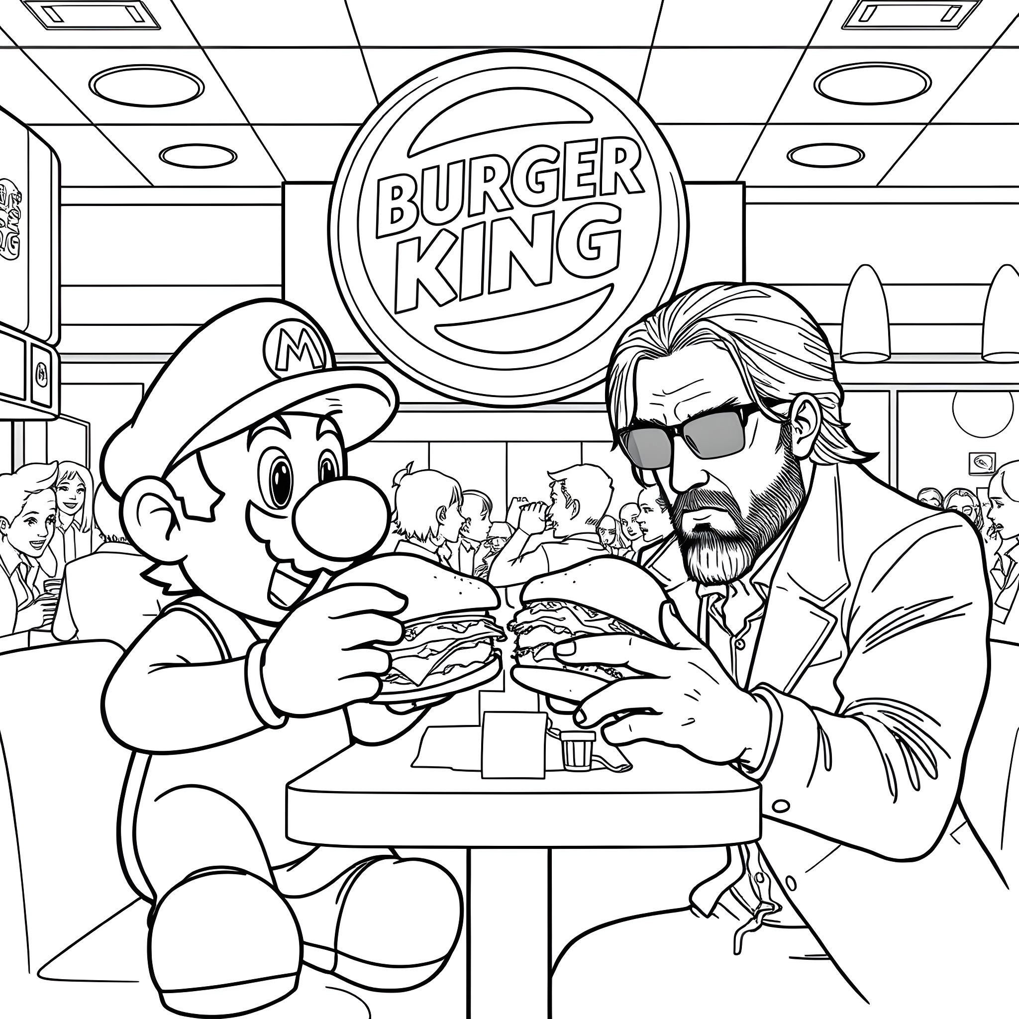 Super Mario Enjoys Burger King Meal with Friend Coloring Page (free black-and-white line drawing printable PDF for all, from beginners to advanced learners, including children, teens, adults, and seniors)