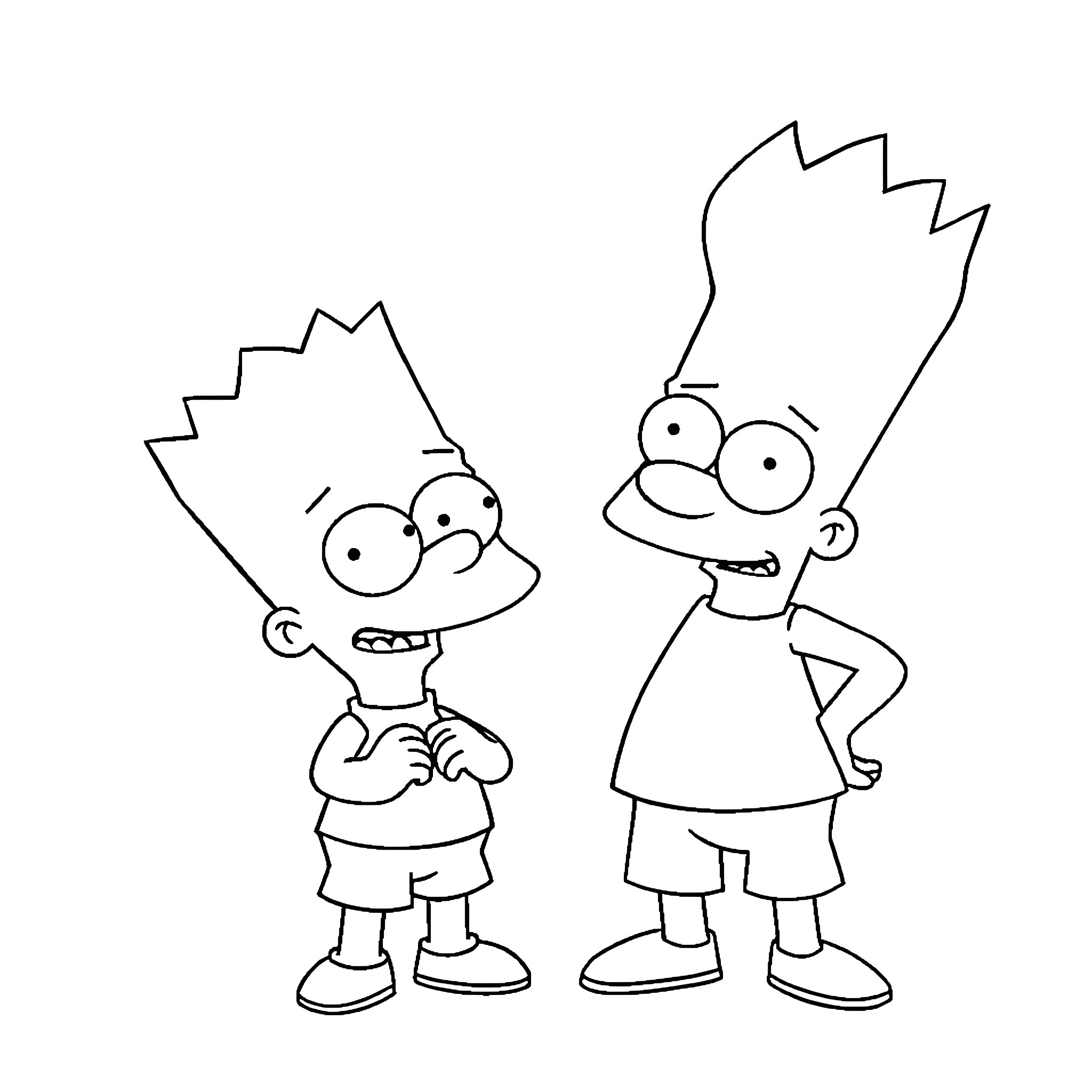 Bart Simpson and Milhouse in an animated scene Coloring Page (free black-and-white line drawing printable PDF for all, from beginners to advanced learners, including children, teens, adults, and seniors)