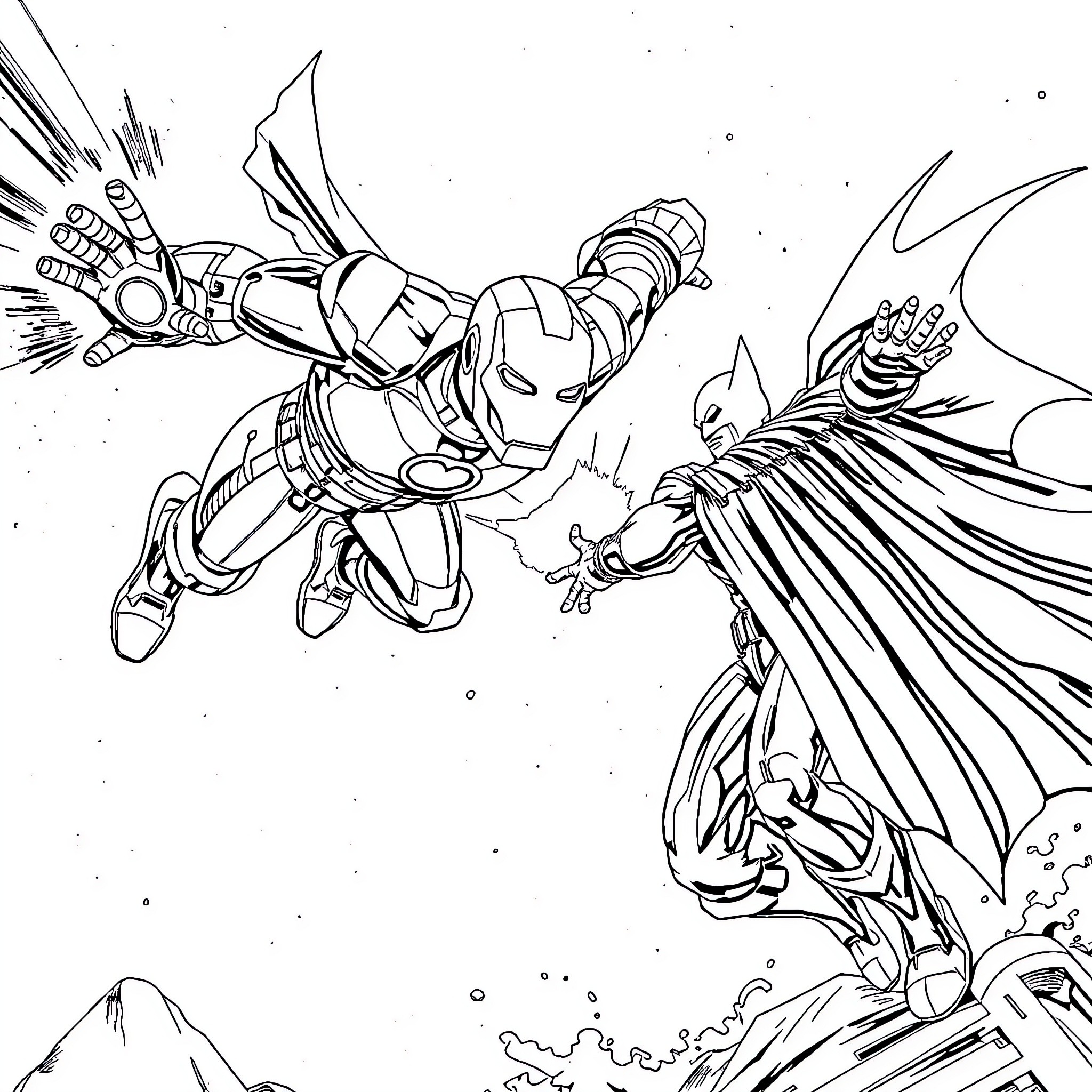 Iron Man and Batman Clash in Epic Battle Coloring Page (free black-and-white line drawing printable PDF for all, from beginners to advanced learners, including children, teens, adults, and seniors)