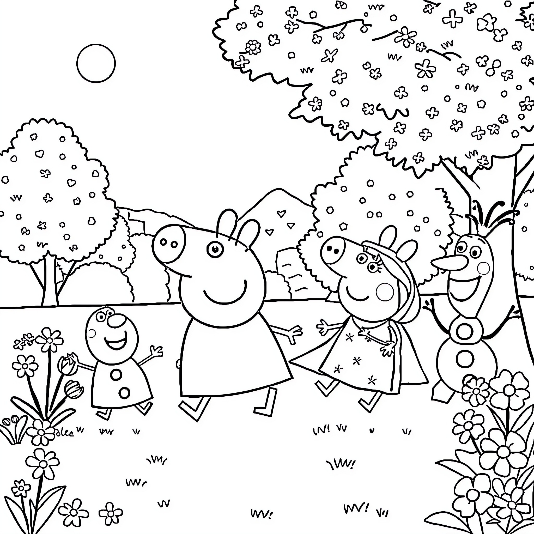 Peppa Pig family enjoying outdoor adventure Coloring Page (free black-and-white line drawing printable PDF for all, from beginners to advanced learners, including children, teens, adults, and seniors)