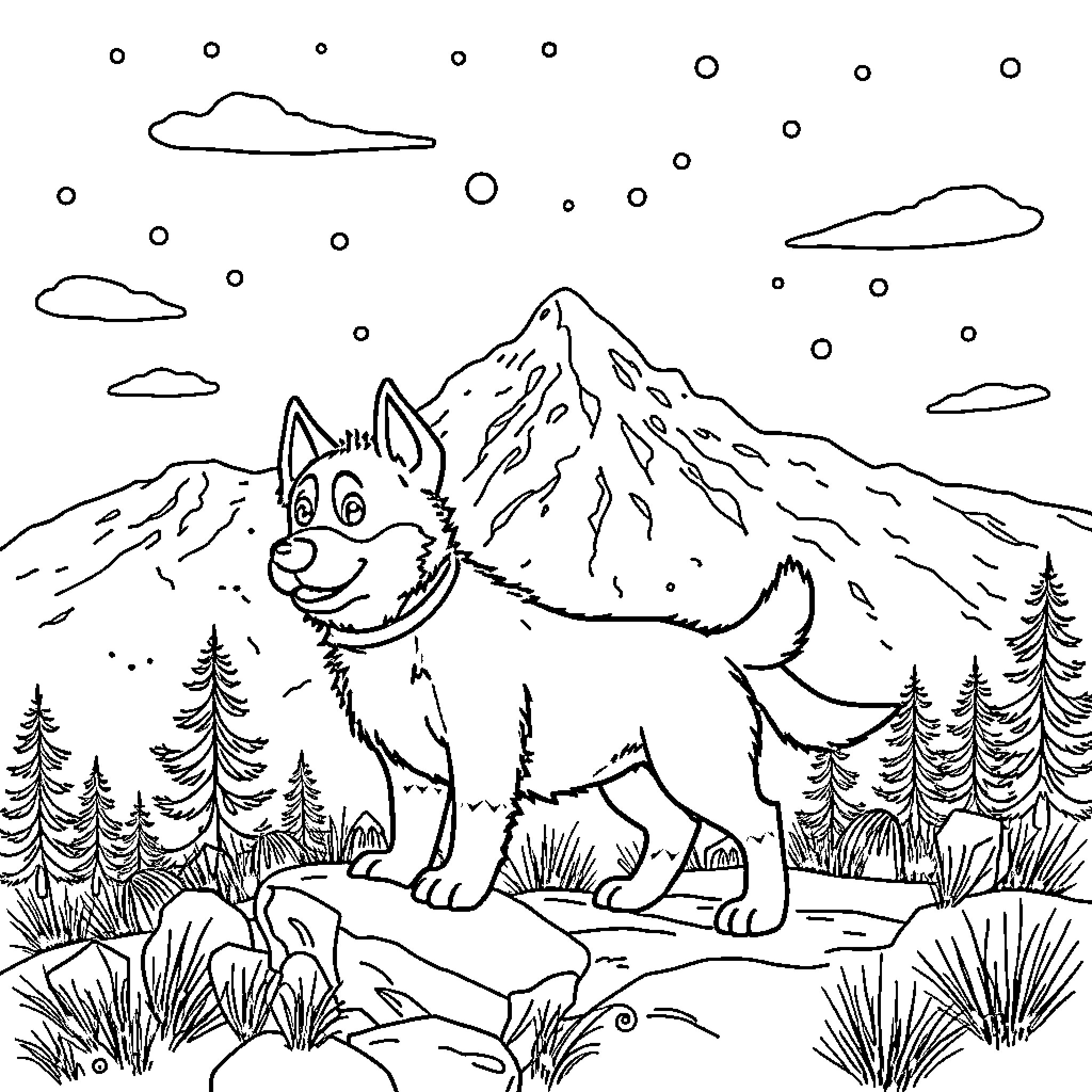 Bluey playing in the snowy mountains Coloring Page (free black-and-white line drawing printable PDF for all, from beginners to advanced learners, including children, teens, adults, and seniors)