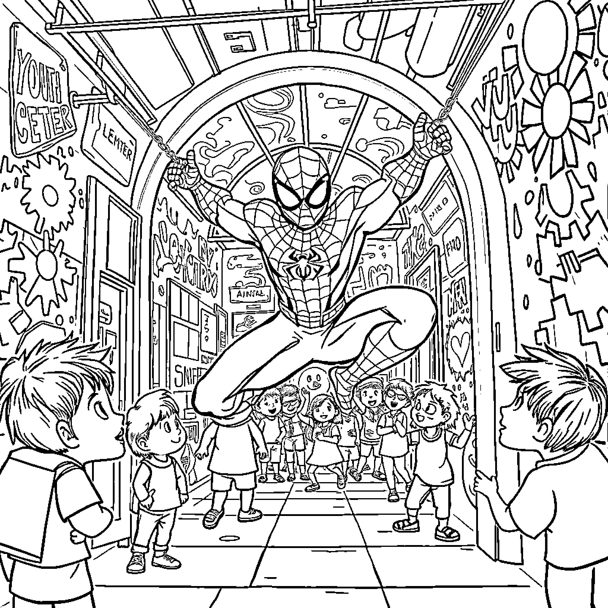 Spiderman Swinging Over Crowd of Children Coloring Page (free black-and-white line drawing printable PDF for all, from beginners to advanced learners, including children, teens, adults, and seniors)