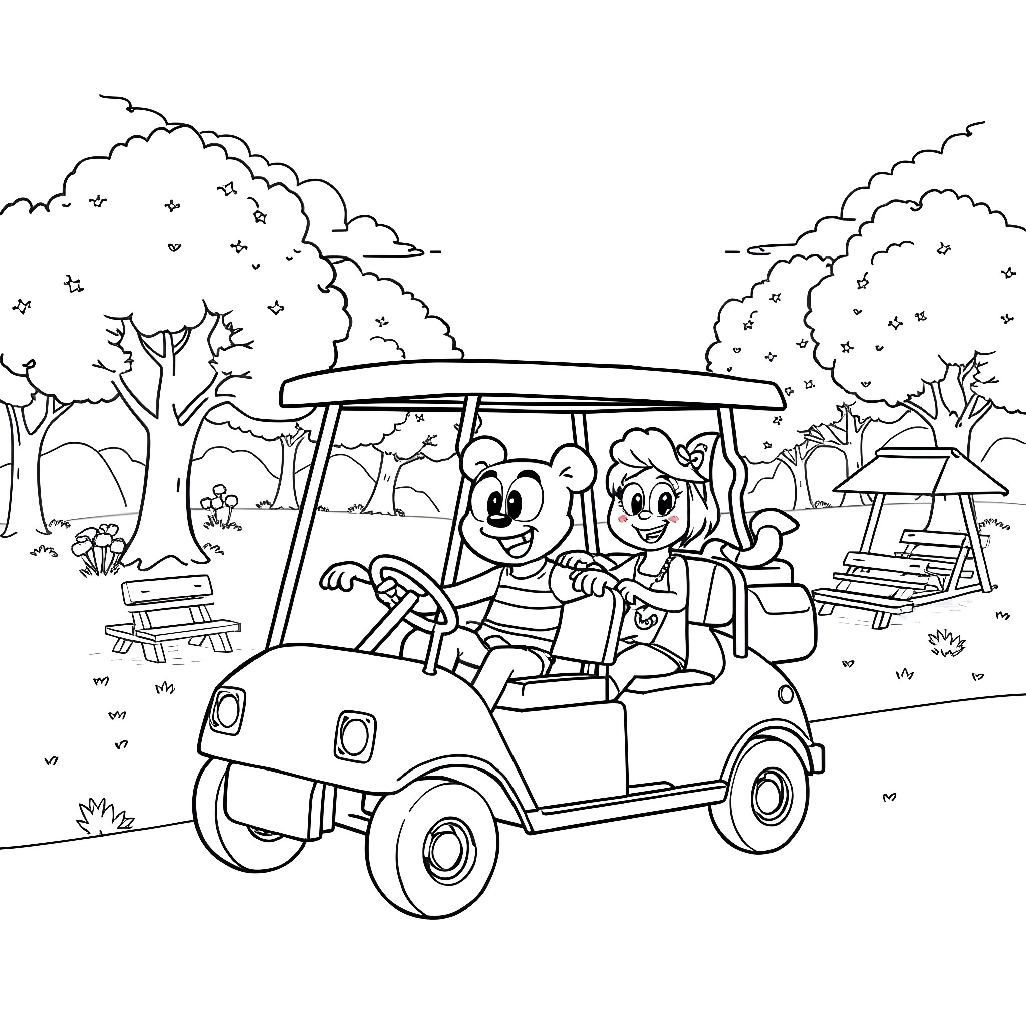 Bluey and friends enjoying a ride in a golf cart Coloring Page (free black-and-white line drawing printable PDF for all, from beginners to advanced learners, including children, teens, adults, and seniors)
