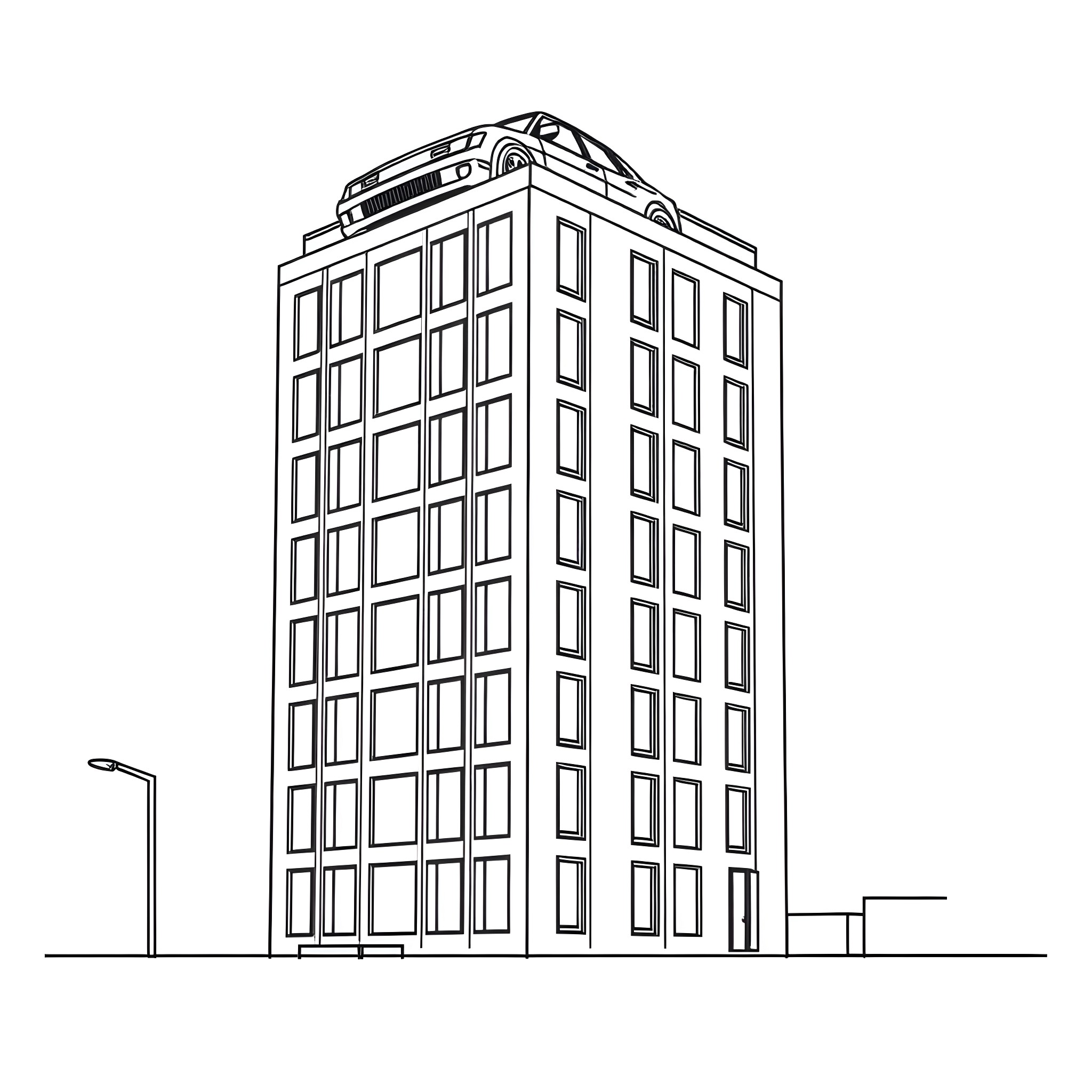 Car-shaped building in the city Coloring Page (free black-and-white line drawing printable PDF for all, from beginners to advanced learners, including children, teens, adults, and seniors)