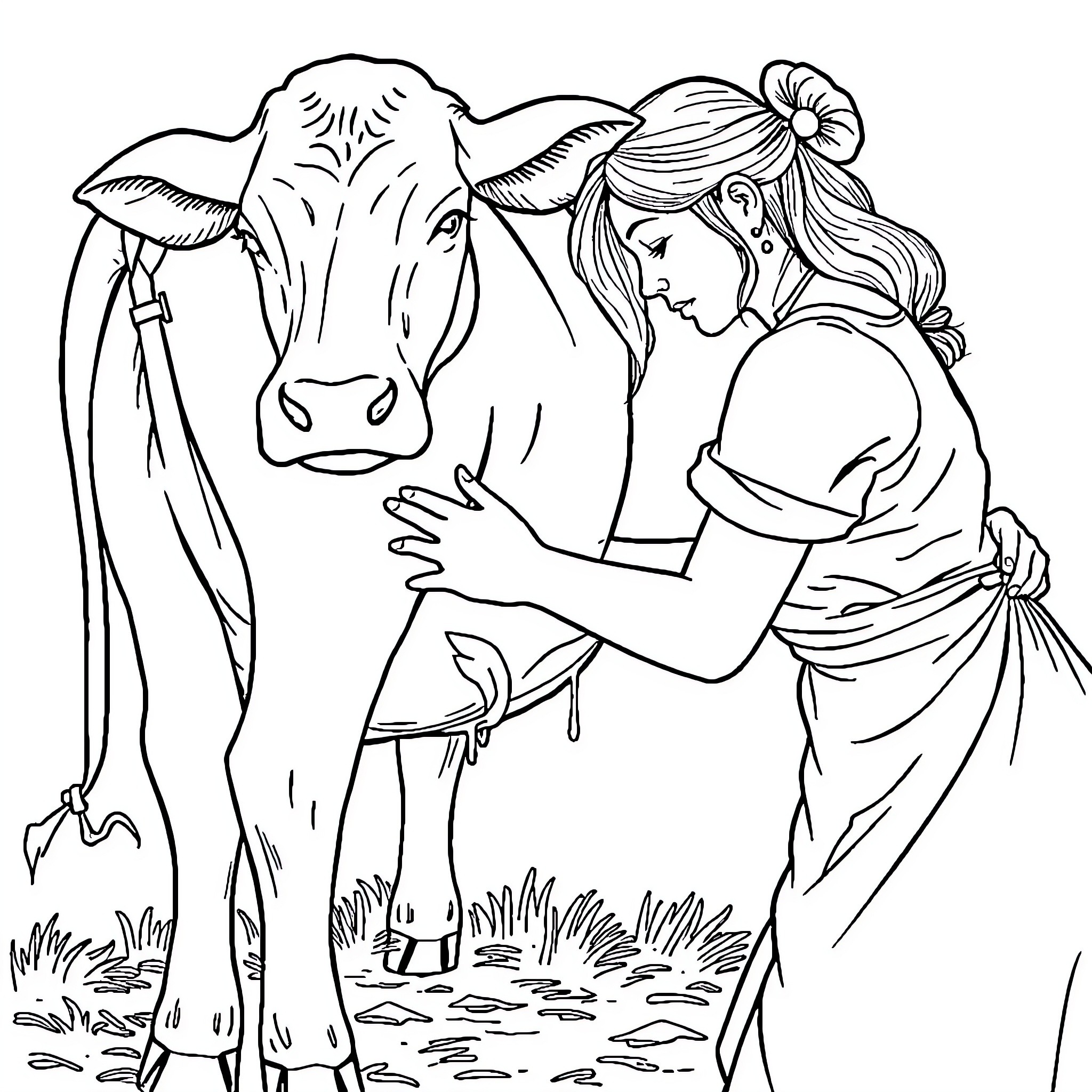 Woman caring for cow in serene pastoral setting Coloring Page (free black-and-white line drawing printable PDF for all, from beginners to advanced learners, including children, teens, adults, and seniors)