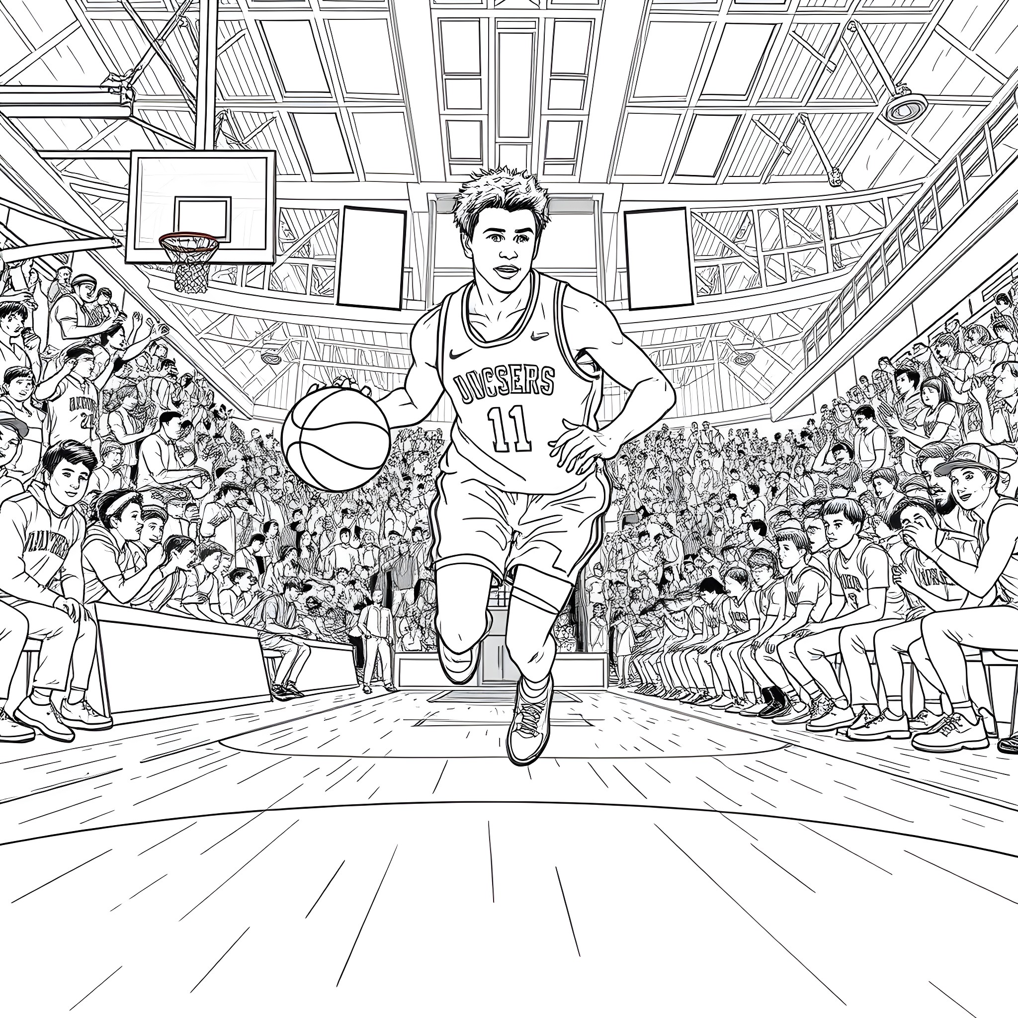 Cooper Dejean in Basketball Action on the Court Coloring Page (free black-and-white line drawing printable PDF for all, from beginners to advanced learners, including children, teens, adults, and seniors)