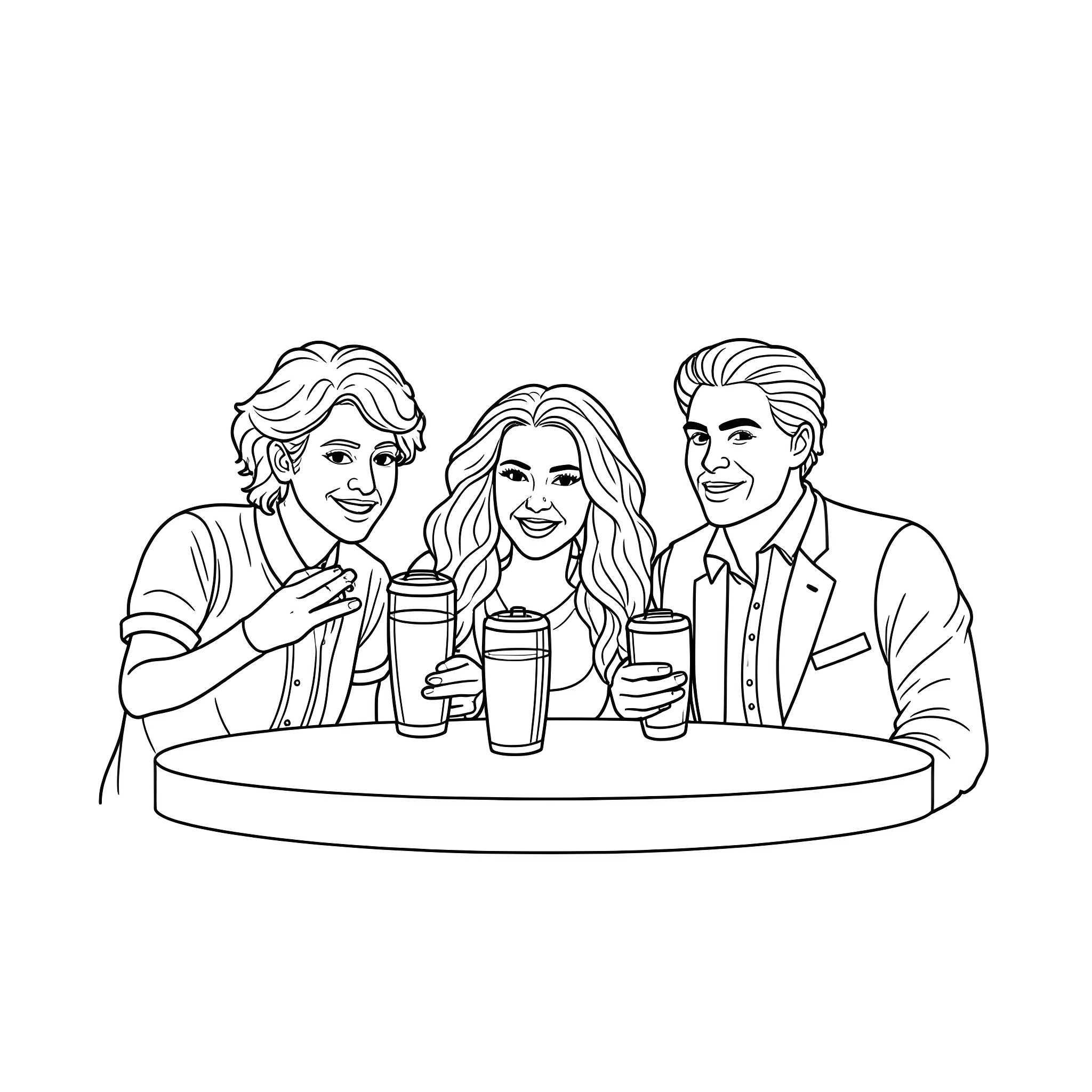 Aerosmith members enjoying drinks together Coloring Page (free black-and-white line drawing printable PDF for all, from beginners to advanced learners, including children, teens, adults, and seniors)