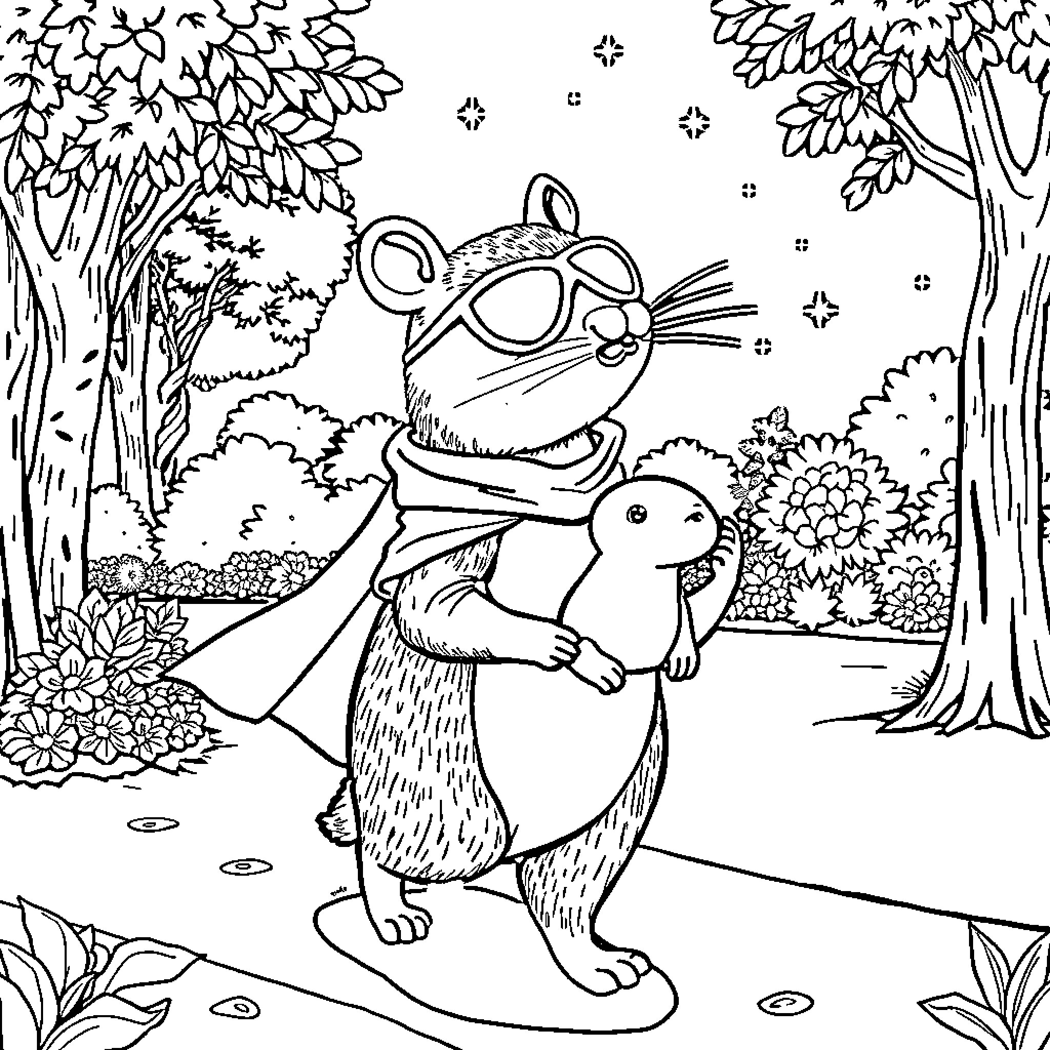 Capybara and Rabbit Enjoying the Forest Coloring Page (free black-and-white line drawing printable PDF for all, from beginners to advanced learners, including children, teens, adults, and seniors)