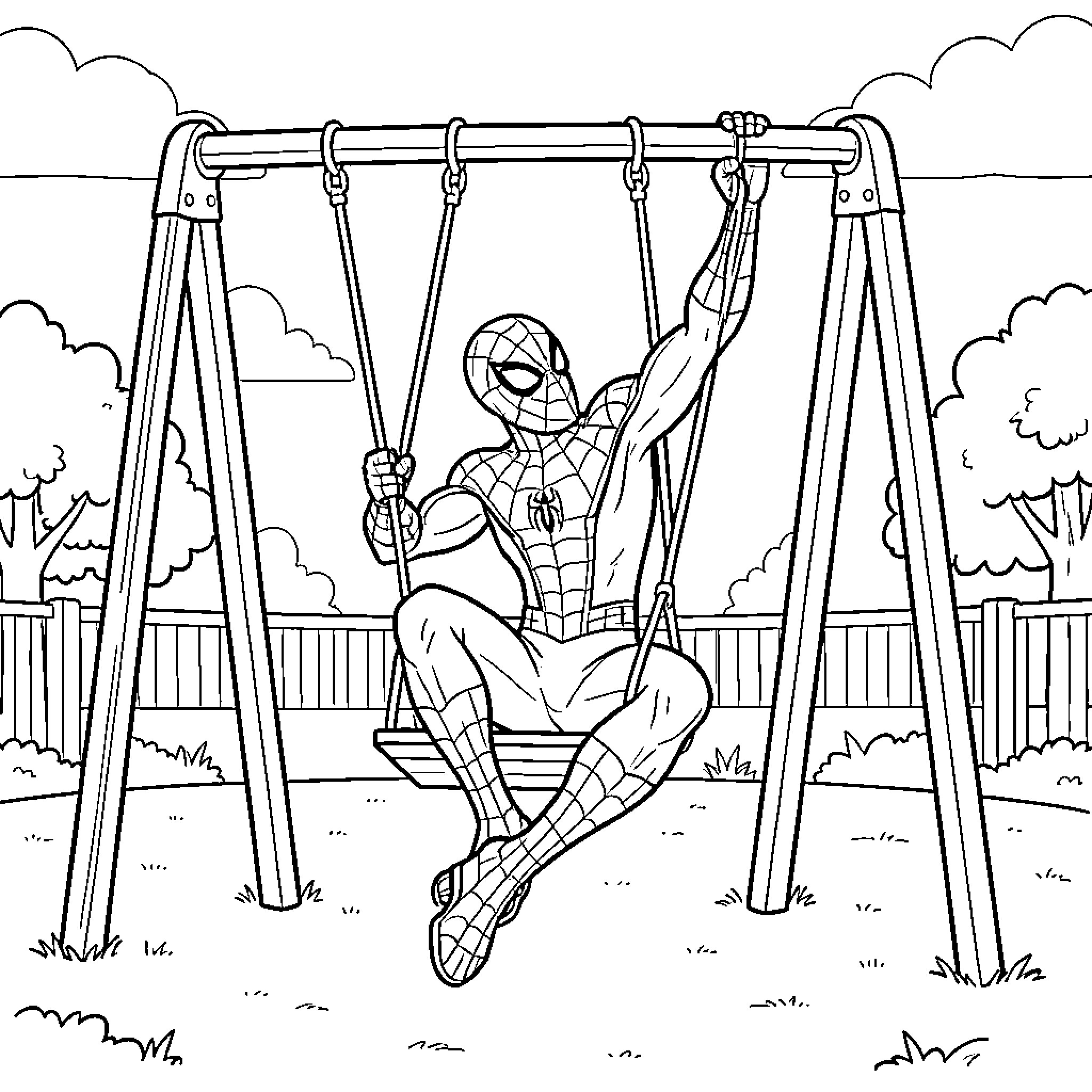 Spiderman swinging on playground equipment Coloring Page (free black-and-white line drawing printable PDF for all, from beginners to advanced learners, including children, teens, adults, and seniors)