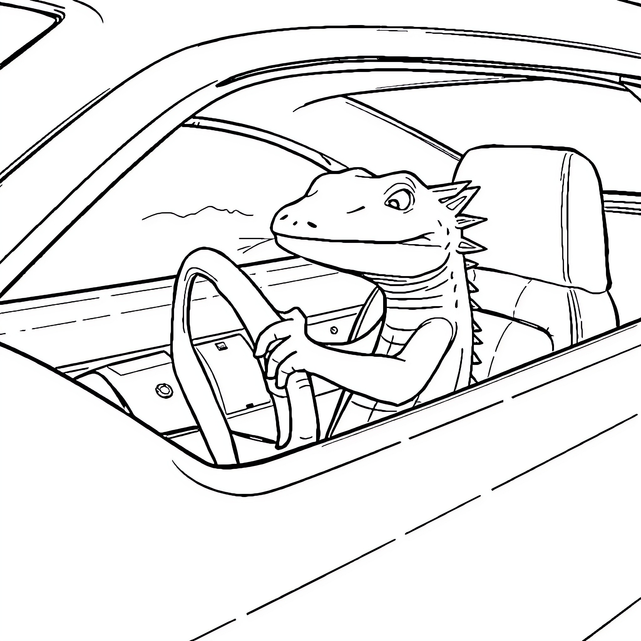 Axolotl driving a car on the road Coloring Page (free black-and-white line drawing printable PDF for all, from beginners to advanced learners, including children, teens, adults, and seniors)