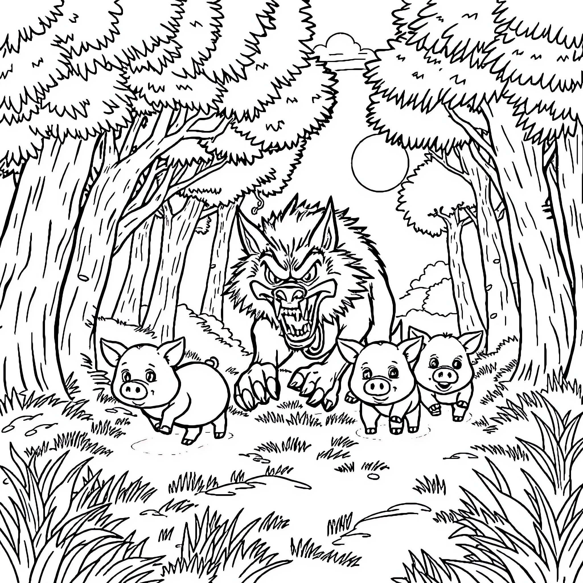 Wolf Trio Encounter with Piglets in the Woodland Coloring Page (free black-and-white line drawing printable PDF for all, from beginners to advanced learners, including children, teens, adults, and seniors)