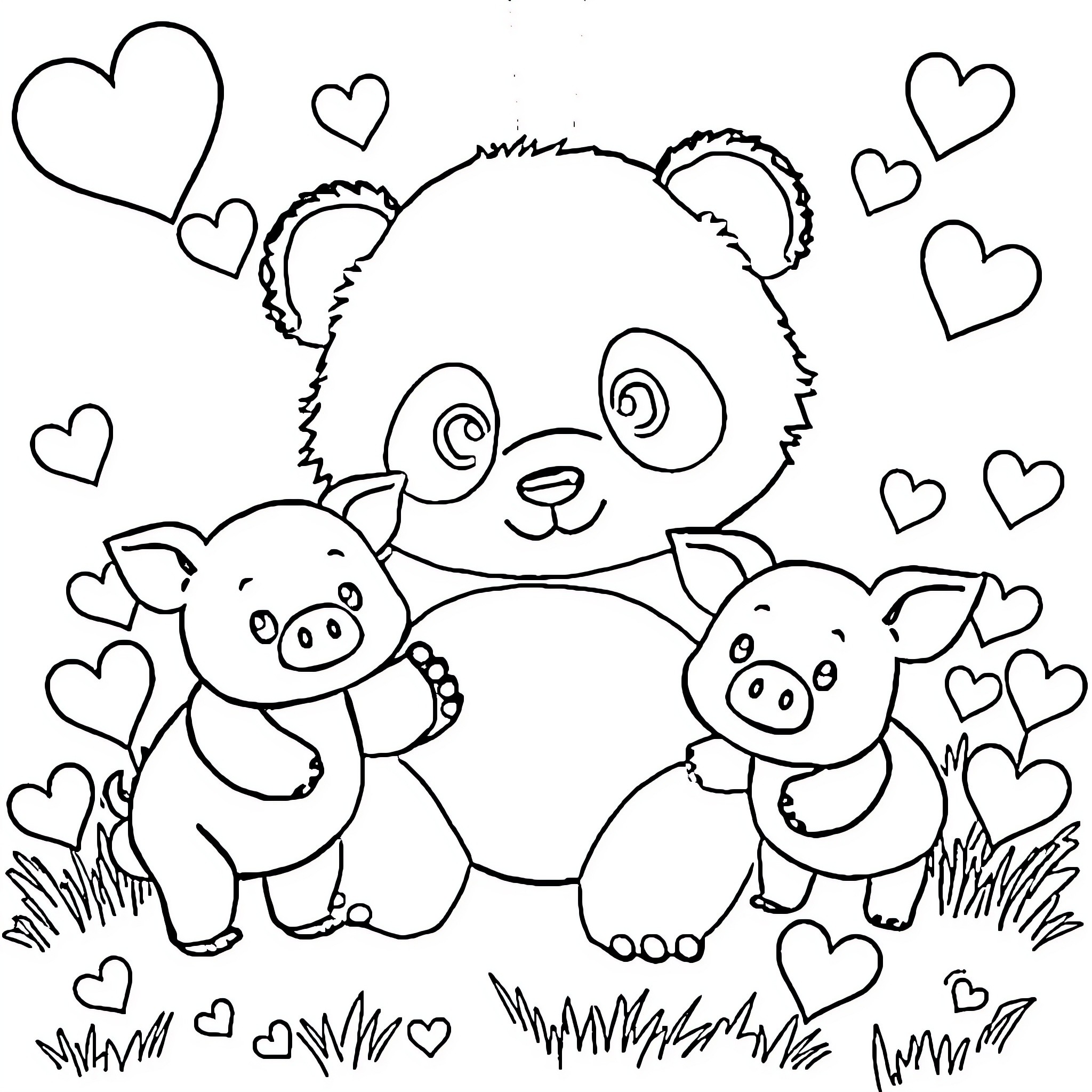 Panda cuddling with cute piglets in a heart-filled field Coloring Page (free black-and-white line drawing printable PDF for all, from beginners to advanced learners, including children, teens, adults, and seniors)