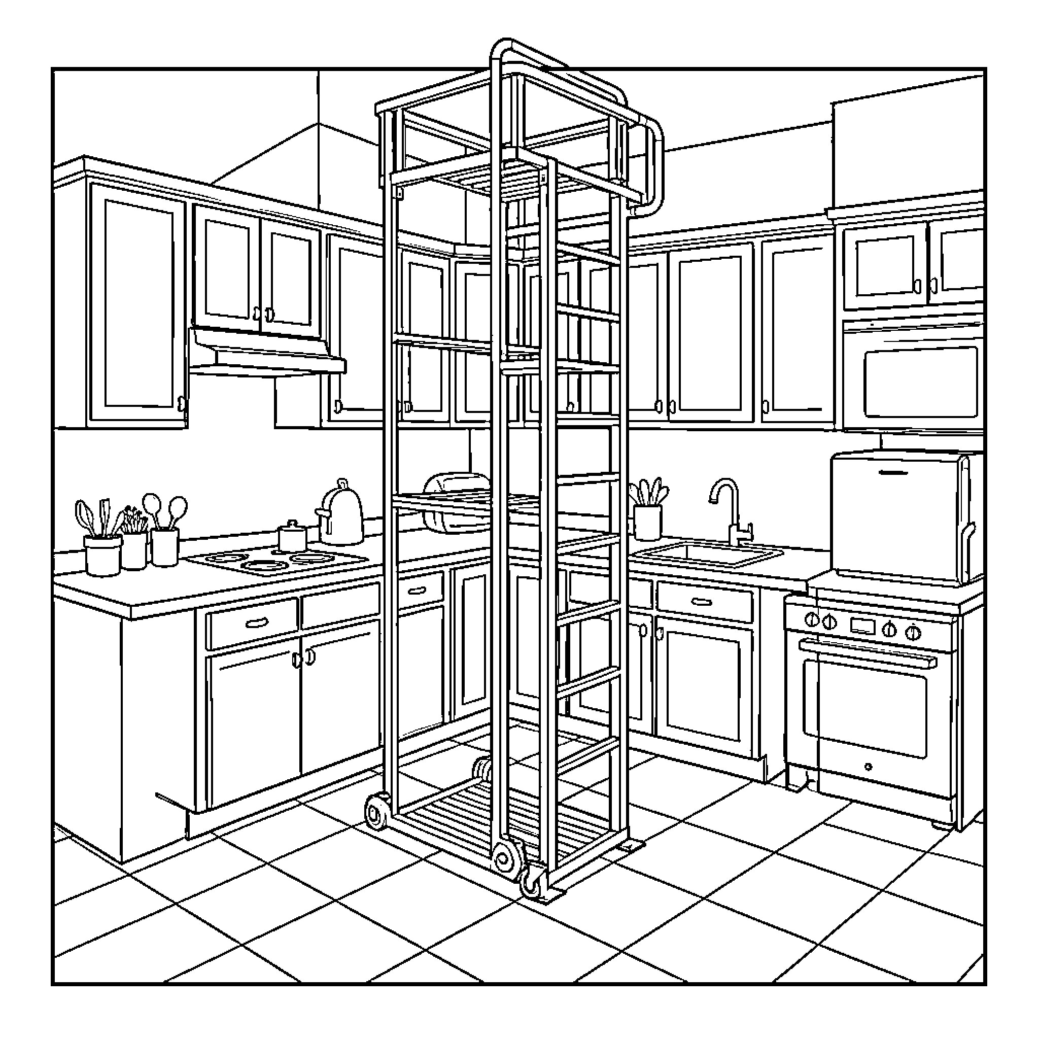 Lift mechanism installed in a modern kitchen setting Coloring Page (free black-and-white line drawing printable PDF for all, from beginners to advanced learners, including children, teens, adults, and seniors)