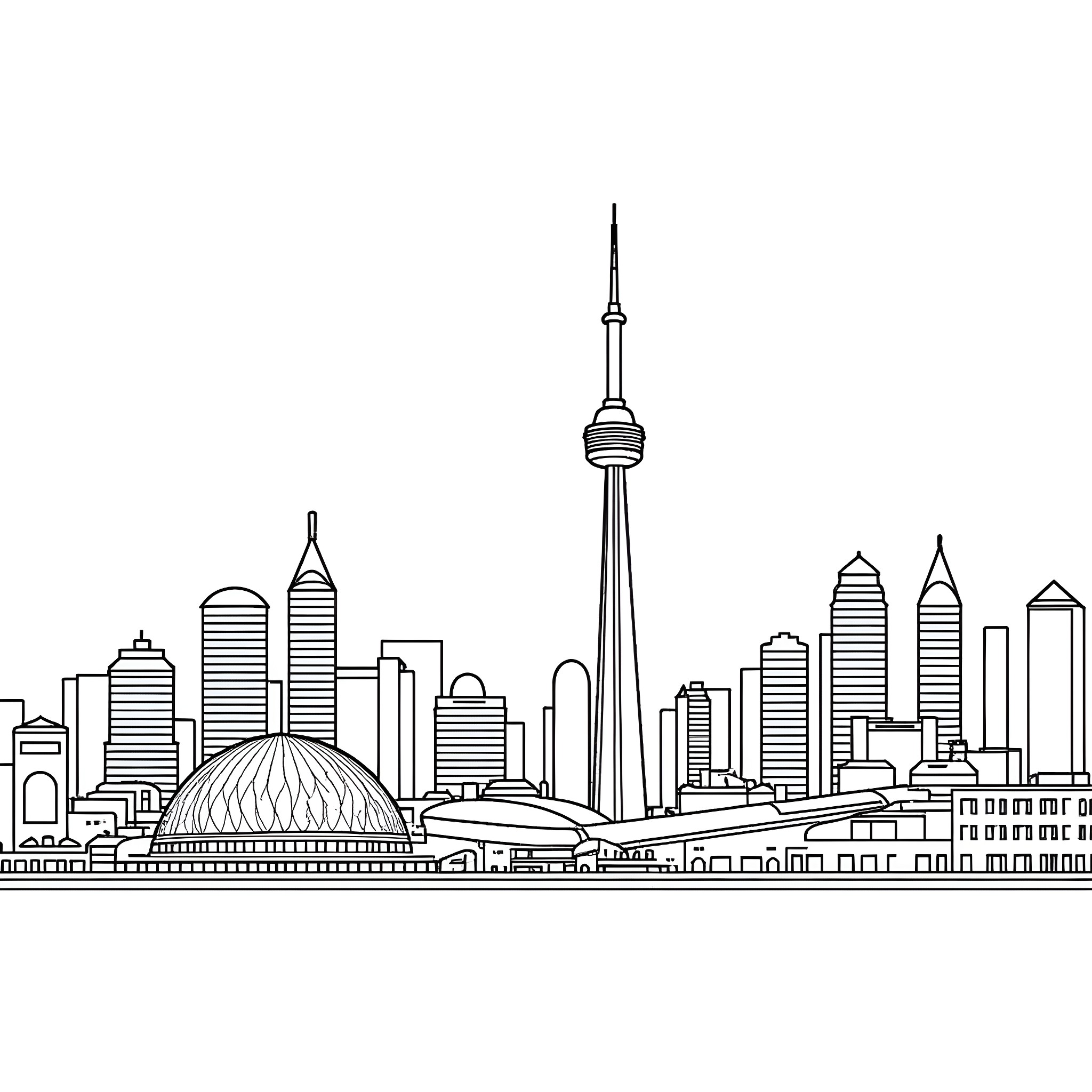 Toronto skyline with iconic architecture Coloring Page (free black-and-white line drawing printable PDF for all, from beginners to advanced learners, including children, teens, adults, and seniors)